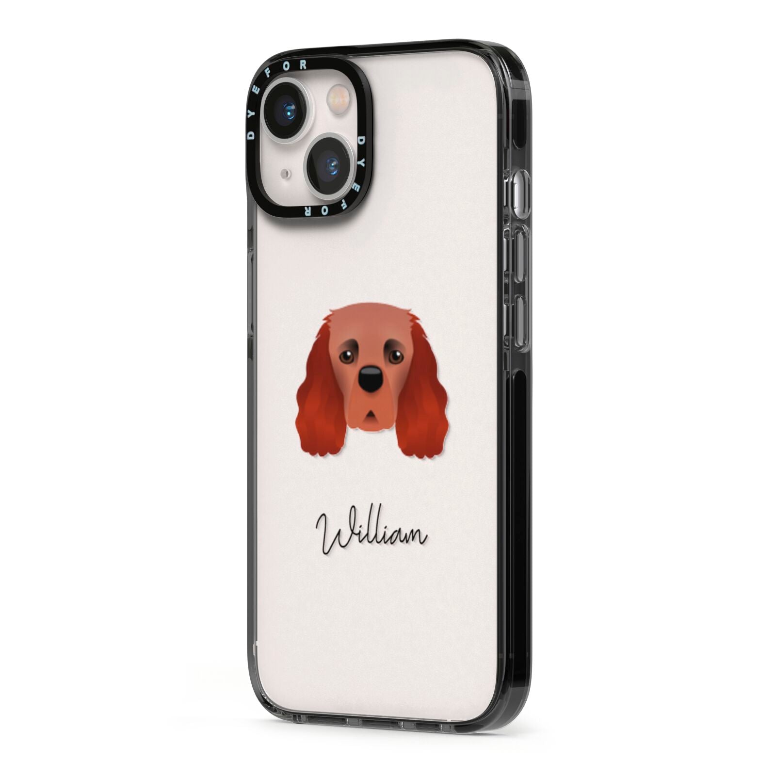 Cavalier King Charles Spaniel Personalised iPhone 13 Black Impact Case Side Angle on Silver phone