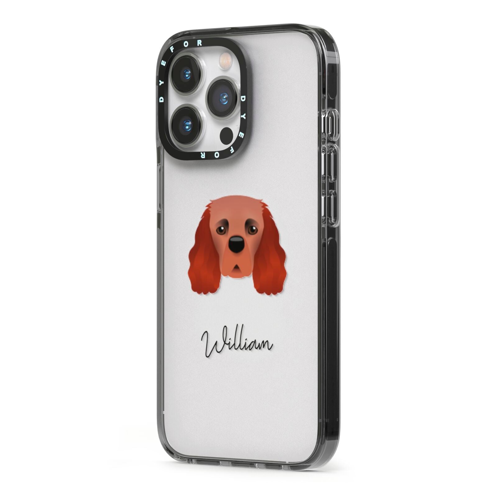 Cavalier King Charles Spaniel Personalised iPhone 13 Pro Black Impact Case Side Angle on Silver phone