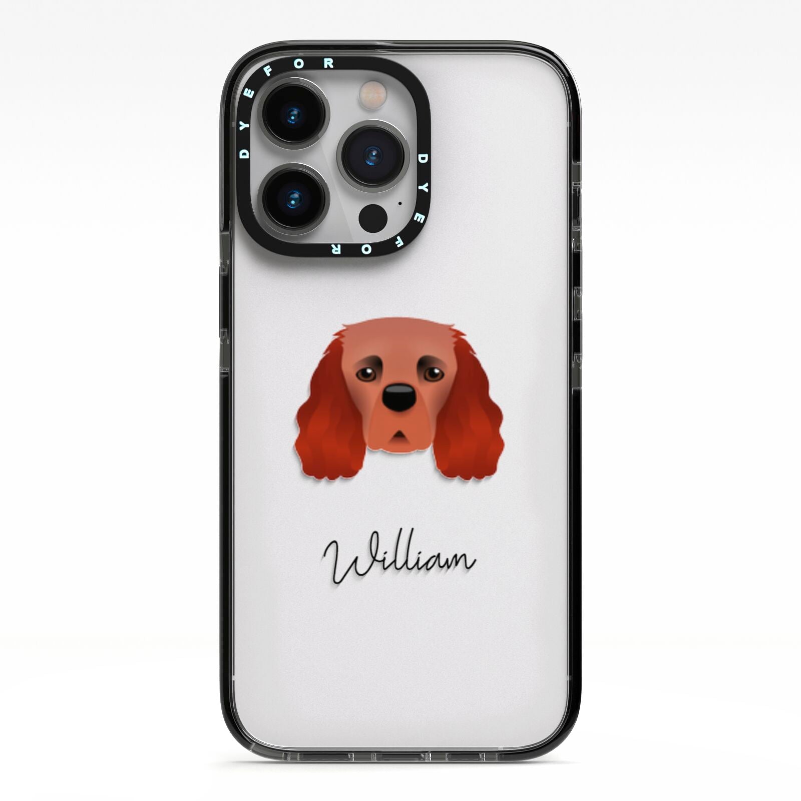 Cavalier King Charles Spaniel Personalised iPhone 13 Pro Black Impact Case on Silver phone