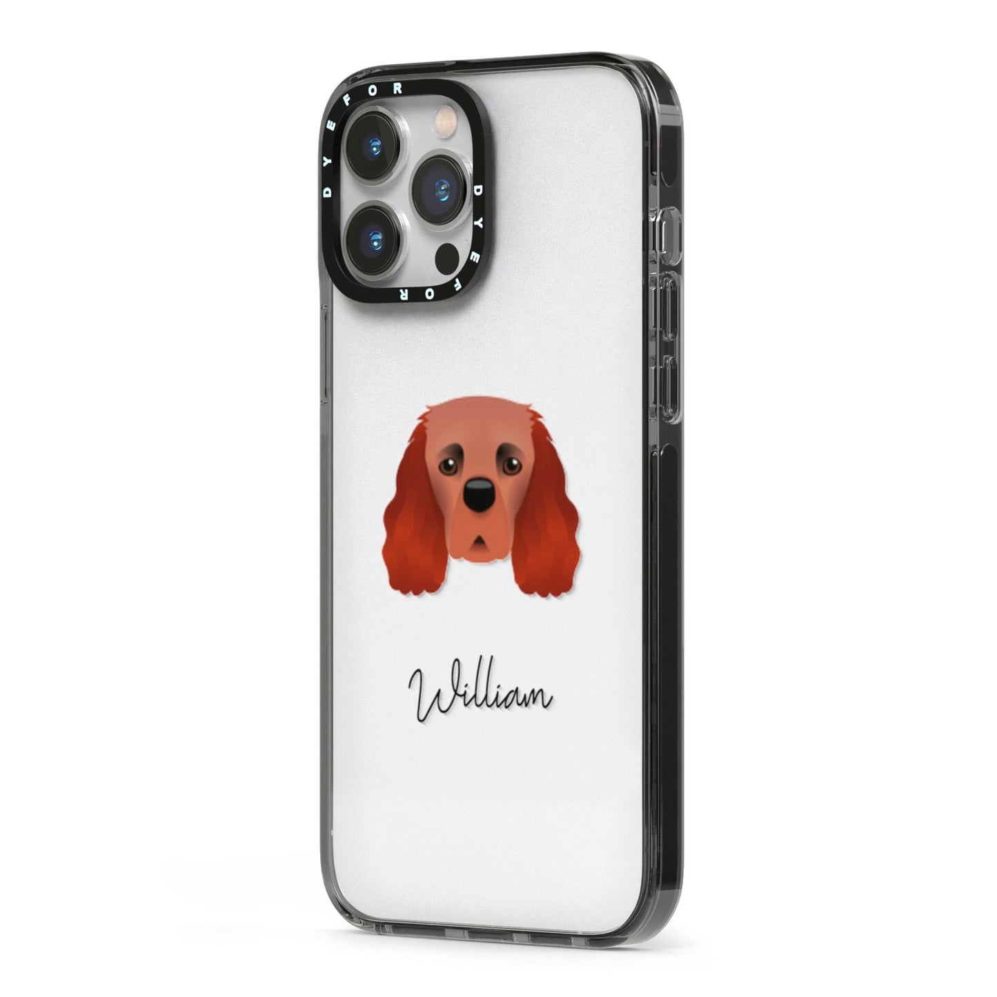 Cavalier King Charles Spaniel Personalised iPhone 13 Pro Max Black Impact Case Side Angle on Silver phone