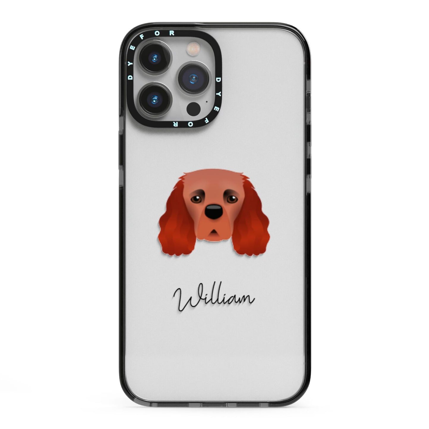 Cavalier King Charles Spaniel Personalised iPhone 13 Pro Max Black Impact Case on Silver phone