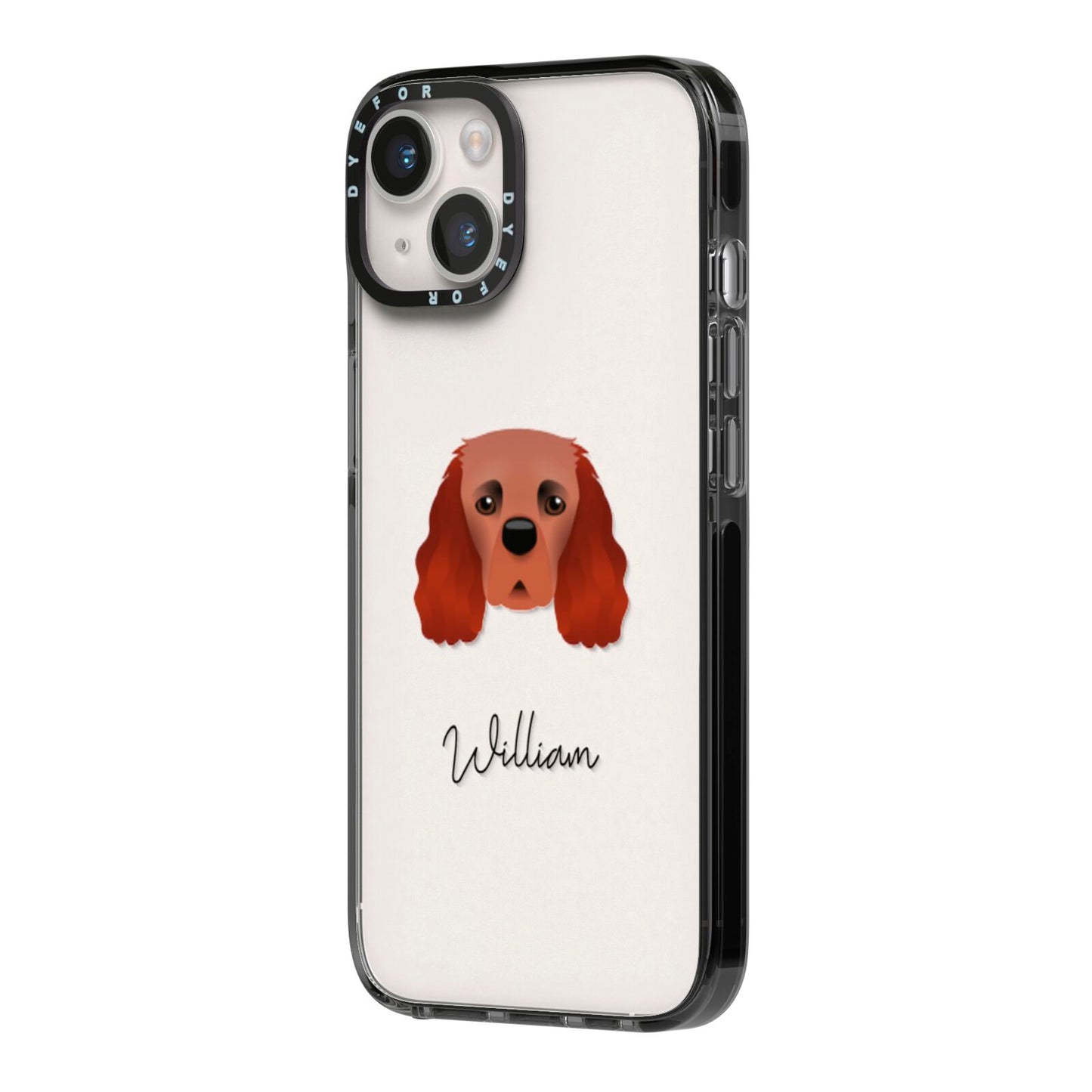 Cavalier King Charles Spaniel Personalised iPhone 14 Black Impact Case Side Angle on Silver phone