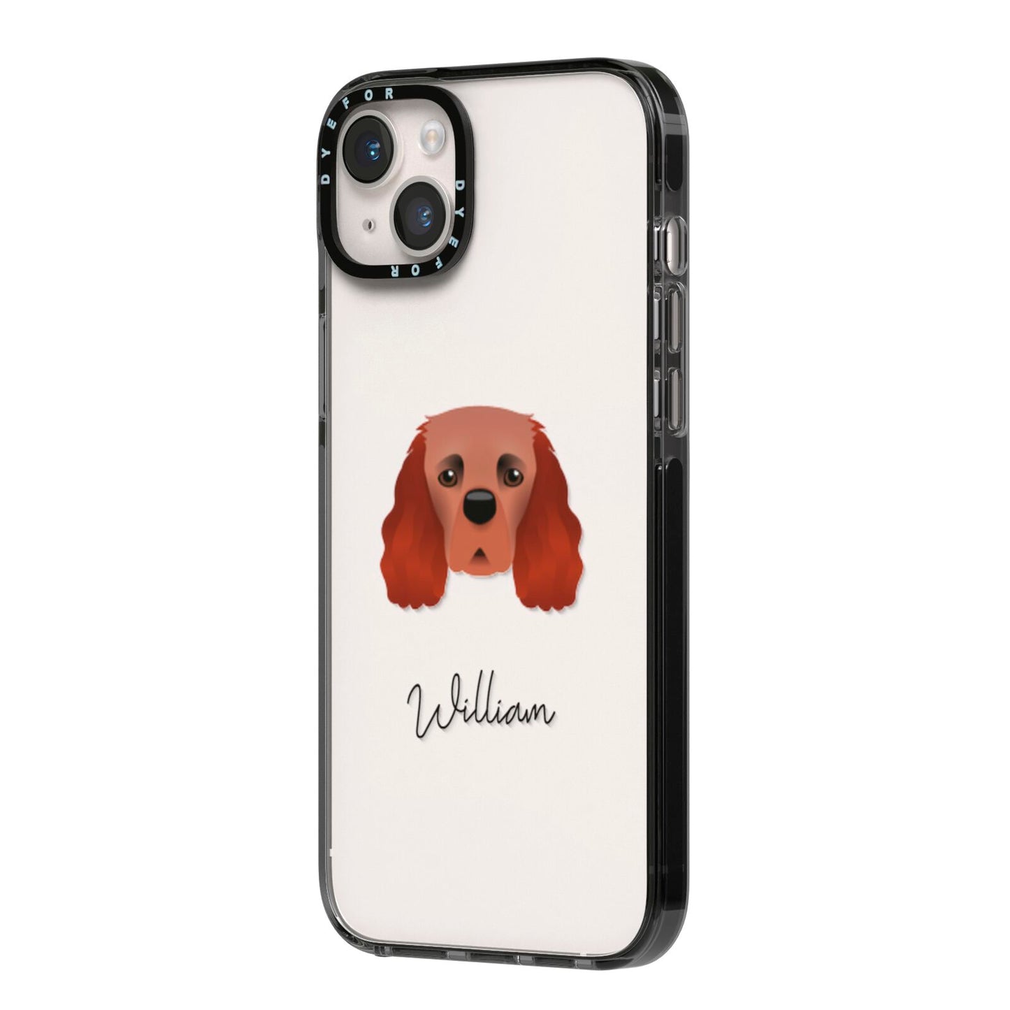 Cavalier King Charles Spaniel Personalised iPhone 14 Plus Black Impact Case Side Angle on Silver phone