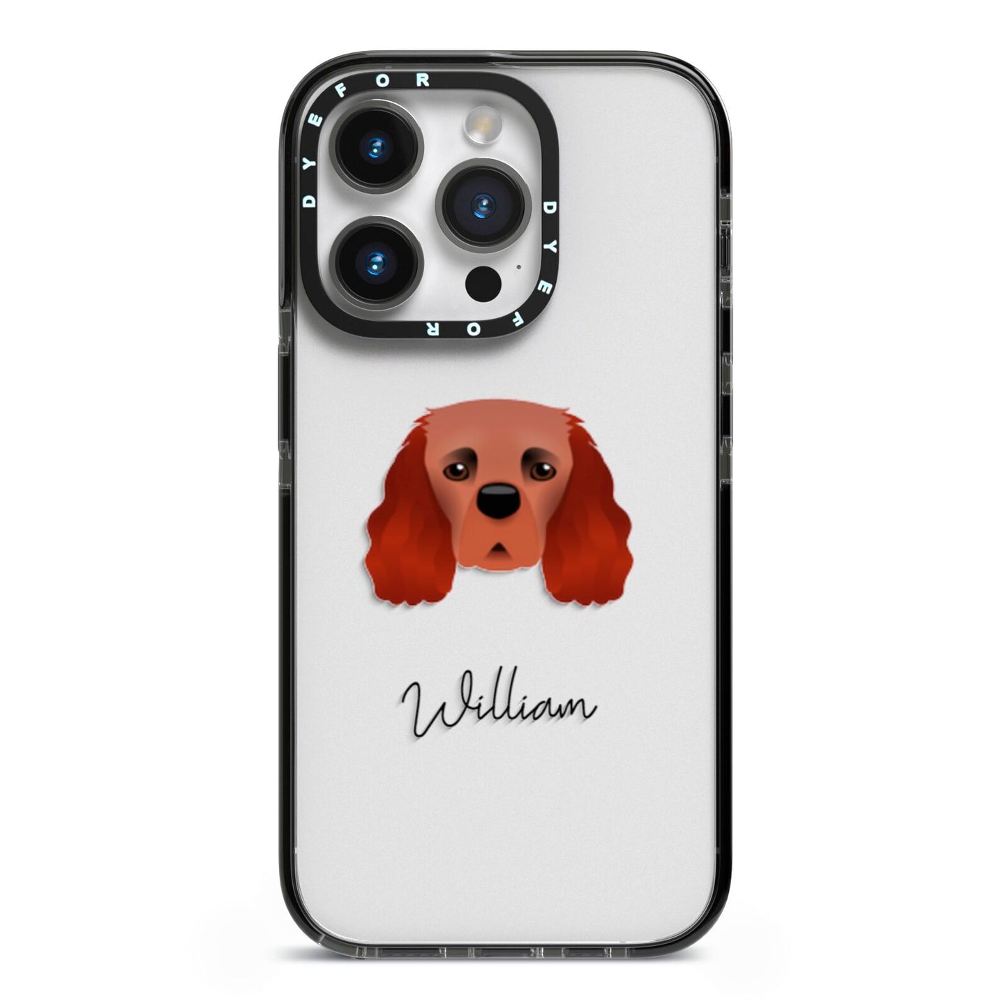 Cavalier King Charles Spaniel Personalised iPhone 14 Pro Black Impact Case on Silver phone
