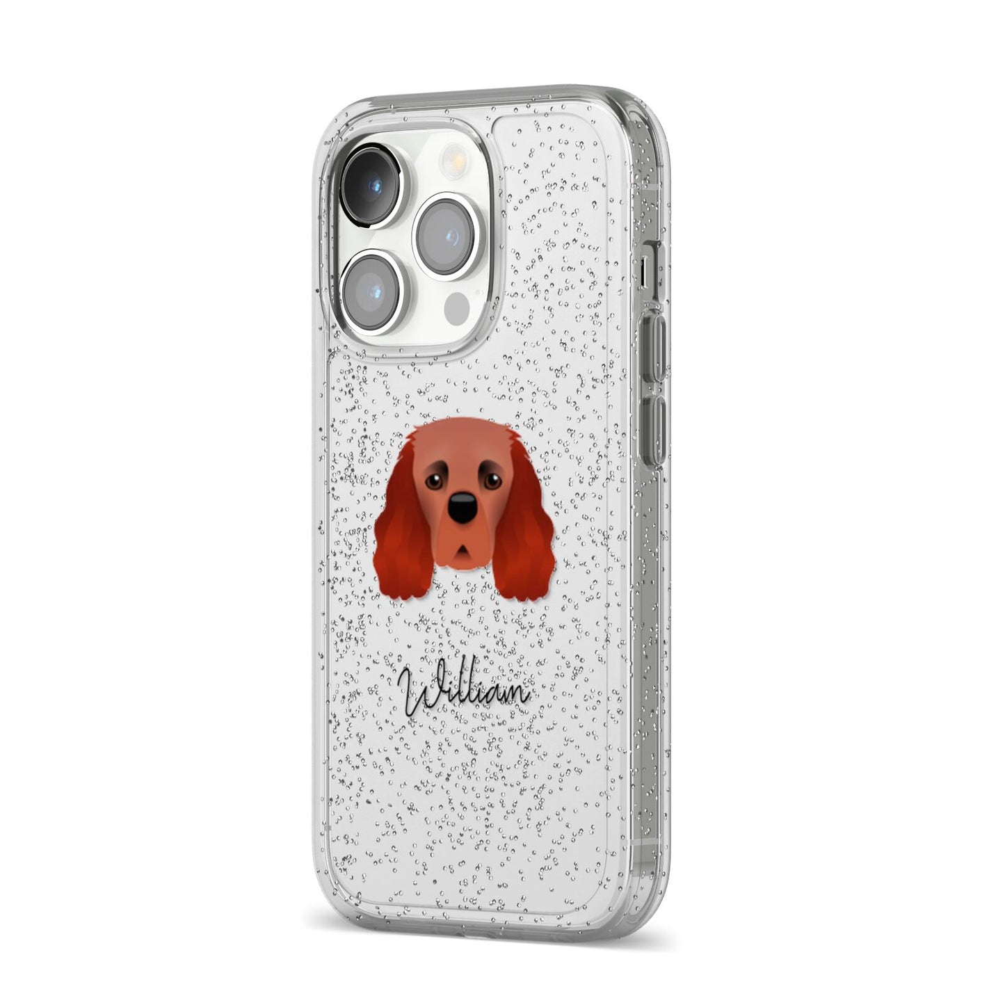 Cavalier King Charles Spaniel Personalised iPhone 14 Pro Glitter Tough Case Silver Angled Image