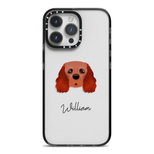 Cavalier King Charles Spaniel Personalised iPhone 14 Pro Max Black Impact Case on Silver phone