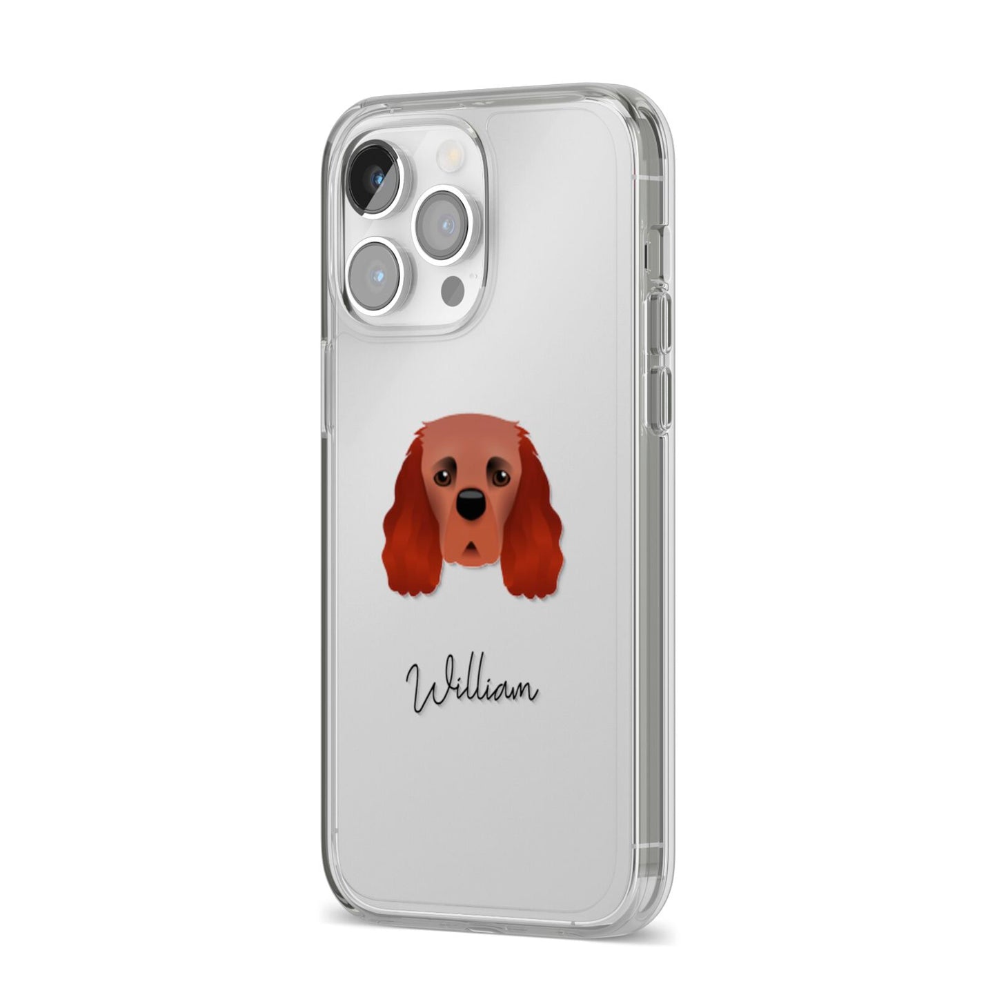 Cavalier King Charles Spaniel Personalised iPhone 14 Pro Max Clear Tough Case Silver Angled Image