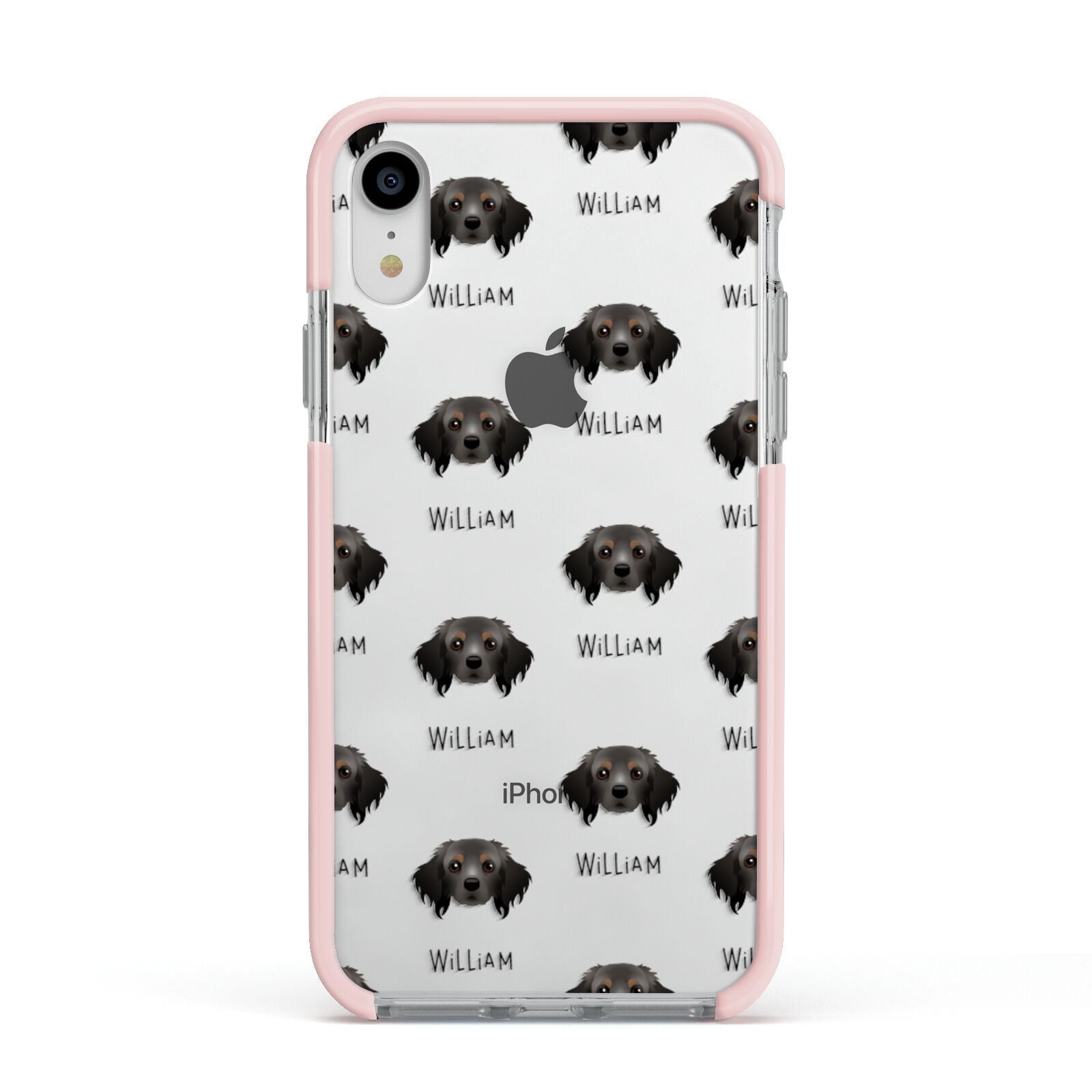 Cavapom Icon with Name Apple iPhone XR Impact Case Pink Edge on Silver Phone