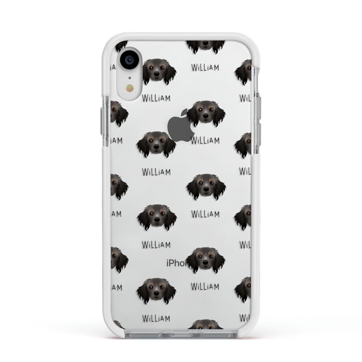 Cavapom Icon with Name Apple iPhone XR Impact Case White Edge on Silver Phone