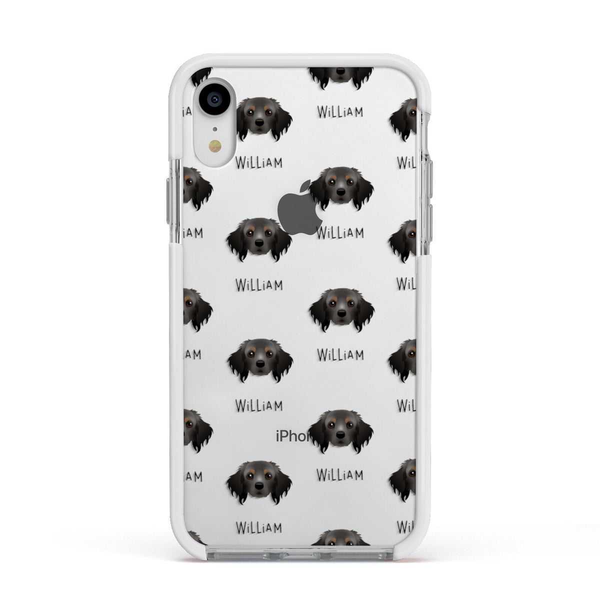 Cavapom Icon with Name Apple iPhone XR Impact Case White Edge on Silver Phone