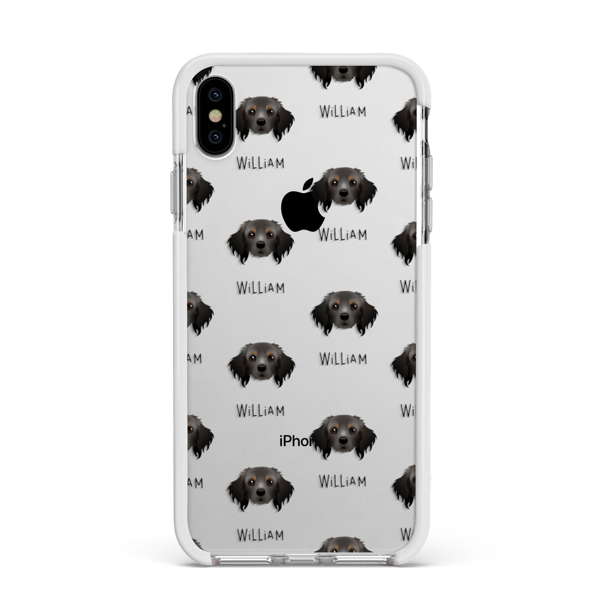 Cavapom Icon with Name Apple iPhone Xs Max Impact Case White Edge on Silver Phone