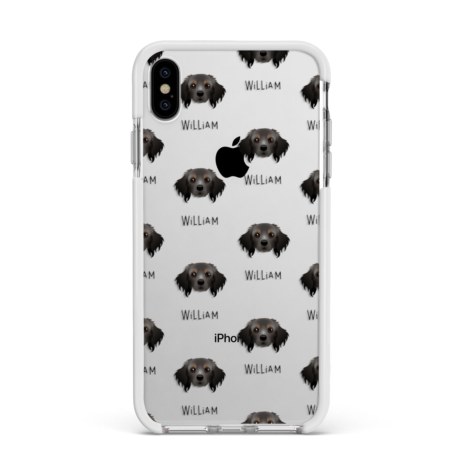 Cavapom Icon with Name Apple iPhone Xs Max Impact Case White Edge on Silver Phone