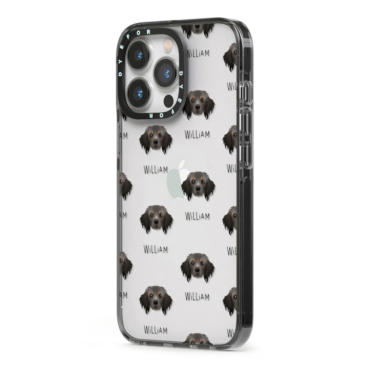 Cavapom Icon with Name iPhone 13 Pro Black Impact Case Side Angle on Silver phone