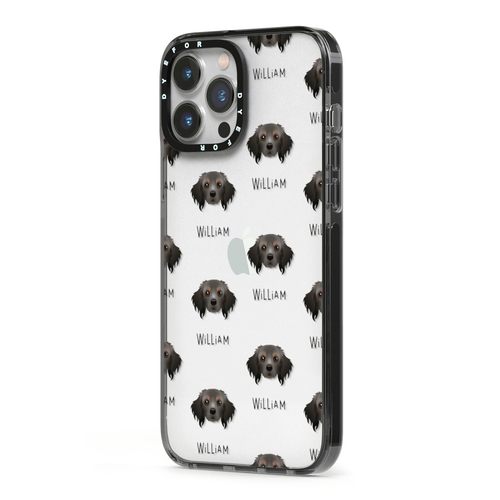 Cavapom Icon with Name iPhone 13 Pro Max Black Impact Case Side Angle on Silver phone