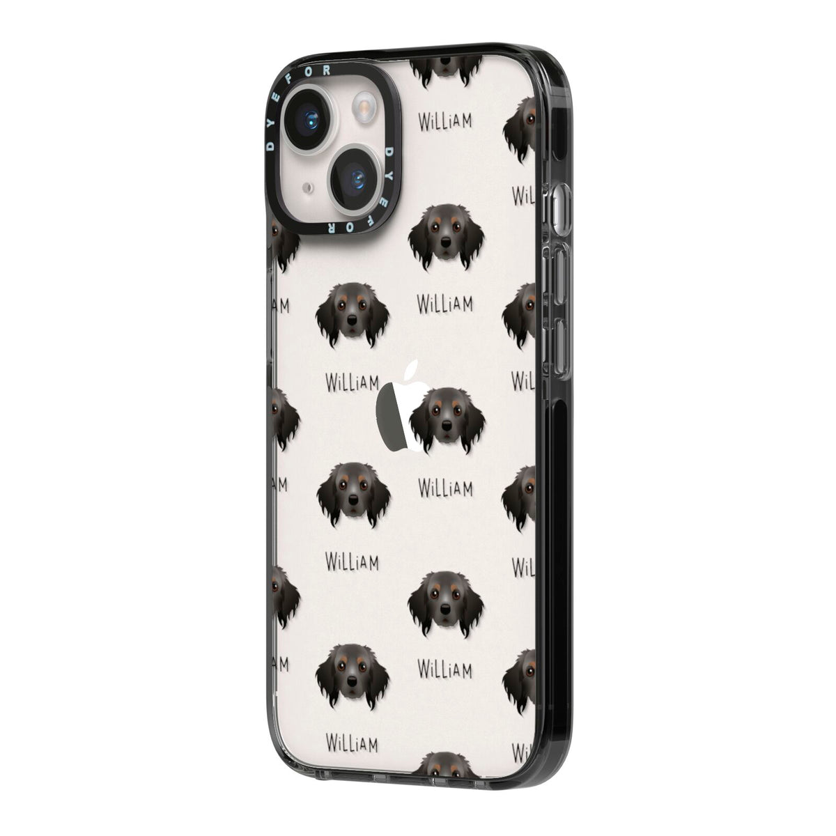 Cavapom Icon with Name iPhone 14 Black Impact Case Side Angle on Silver phone