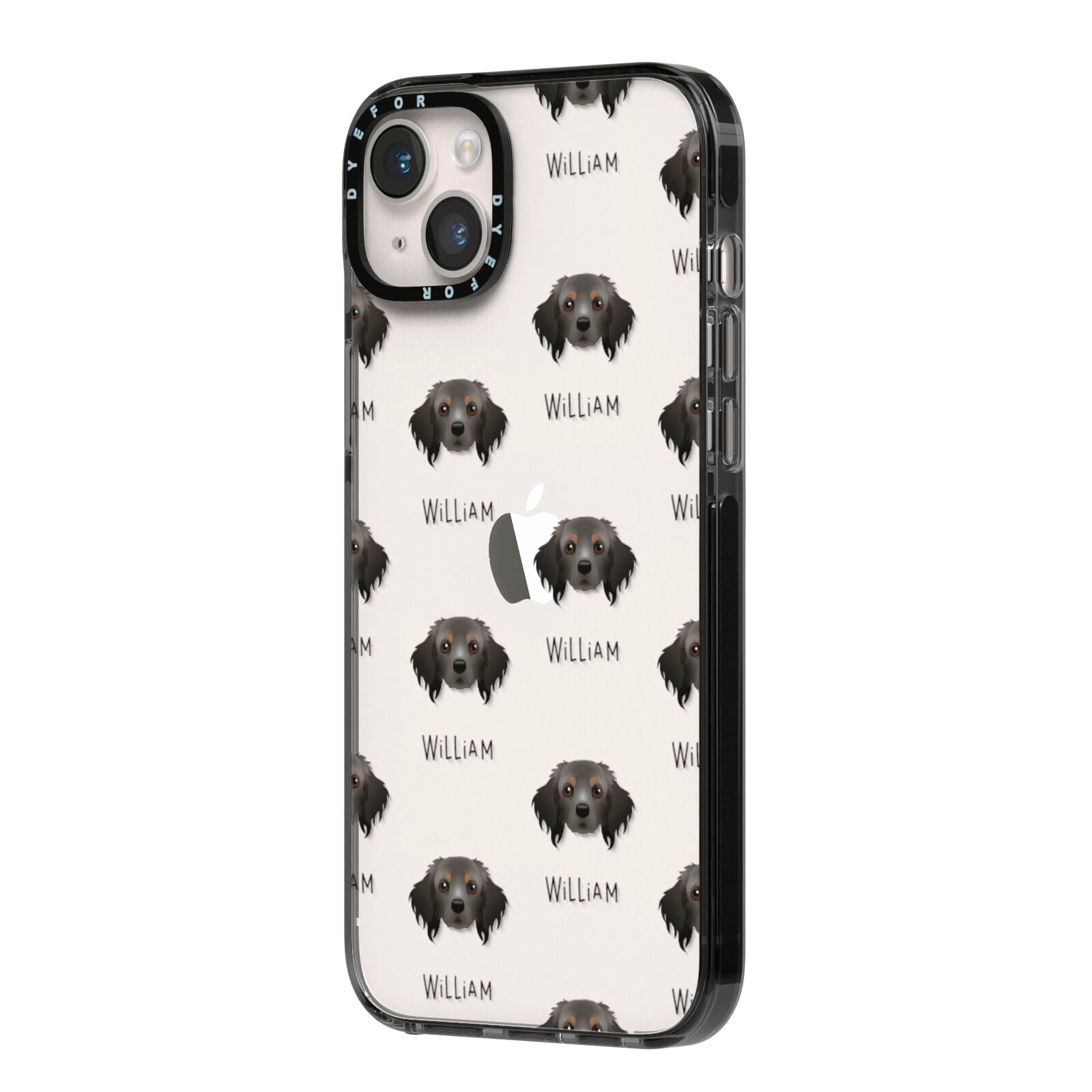 Cavapom Icon with Name iPhone 14 Plus Black Impact Case Side Angle on Silver phone