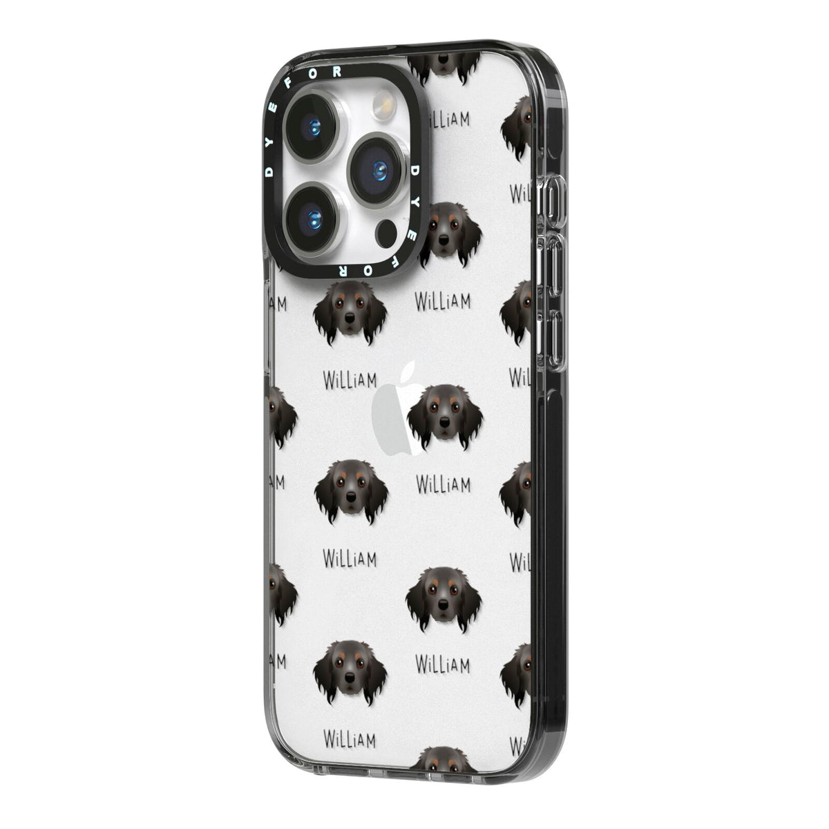 Cavapom Icon with Name iPhone 14 Pro Black Impact Case Side Angle on Silver phone