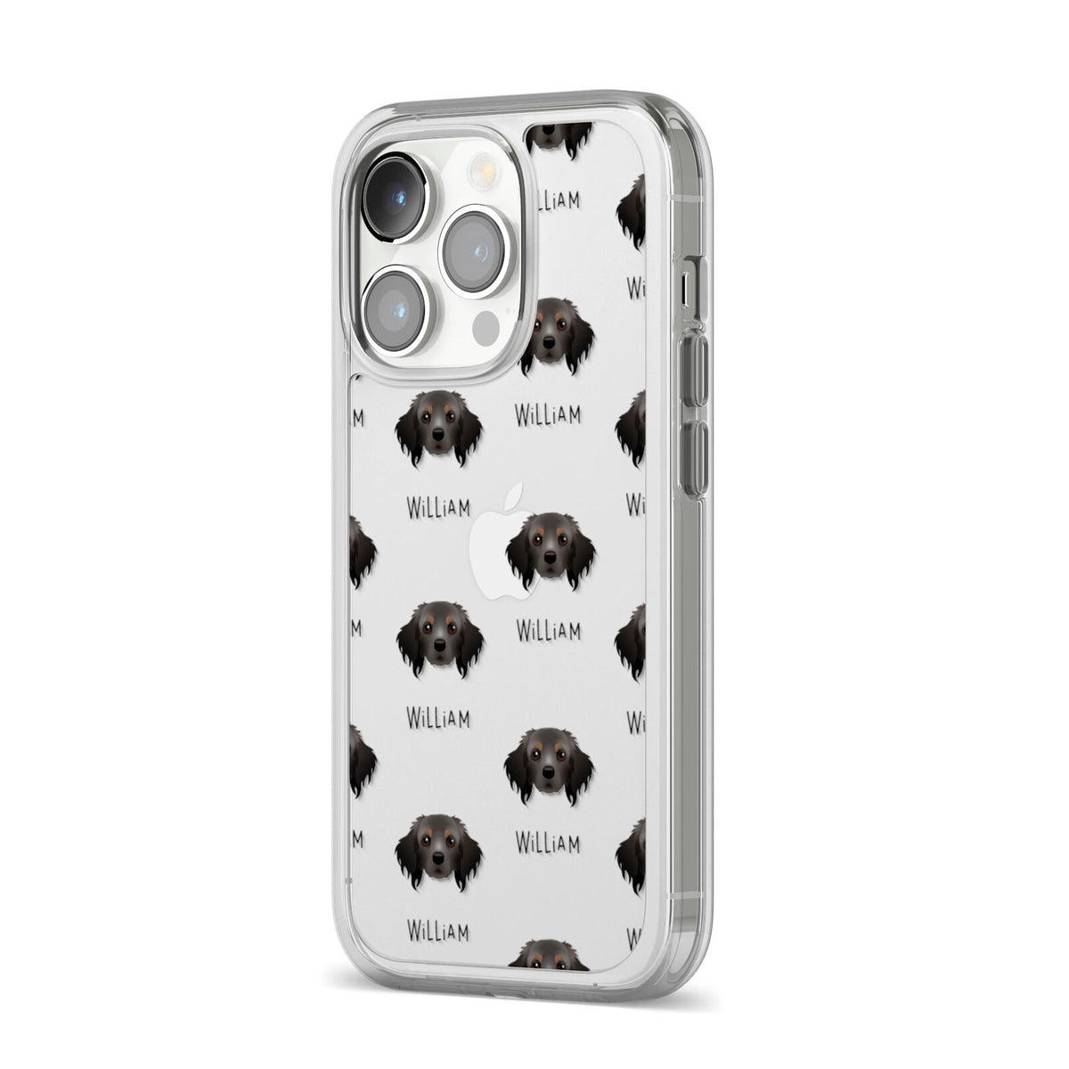Cavapom Icon with Name iPhone 14 Pro Clear Tough Case Silver Angled Image