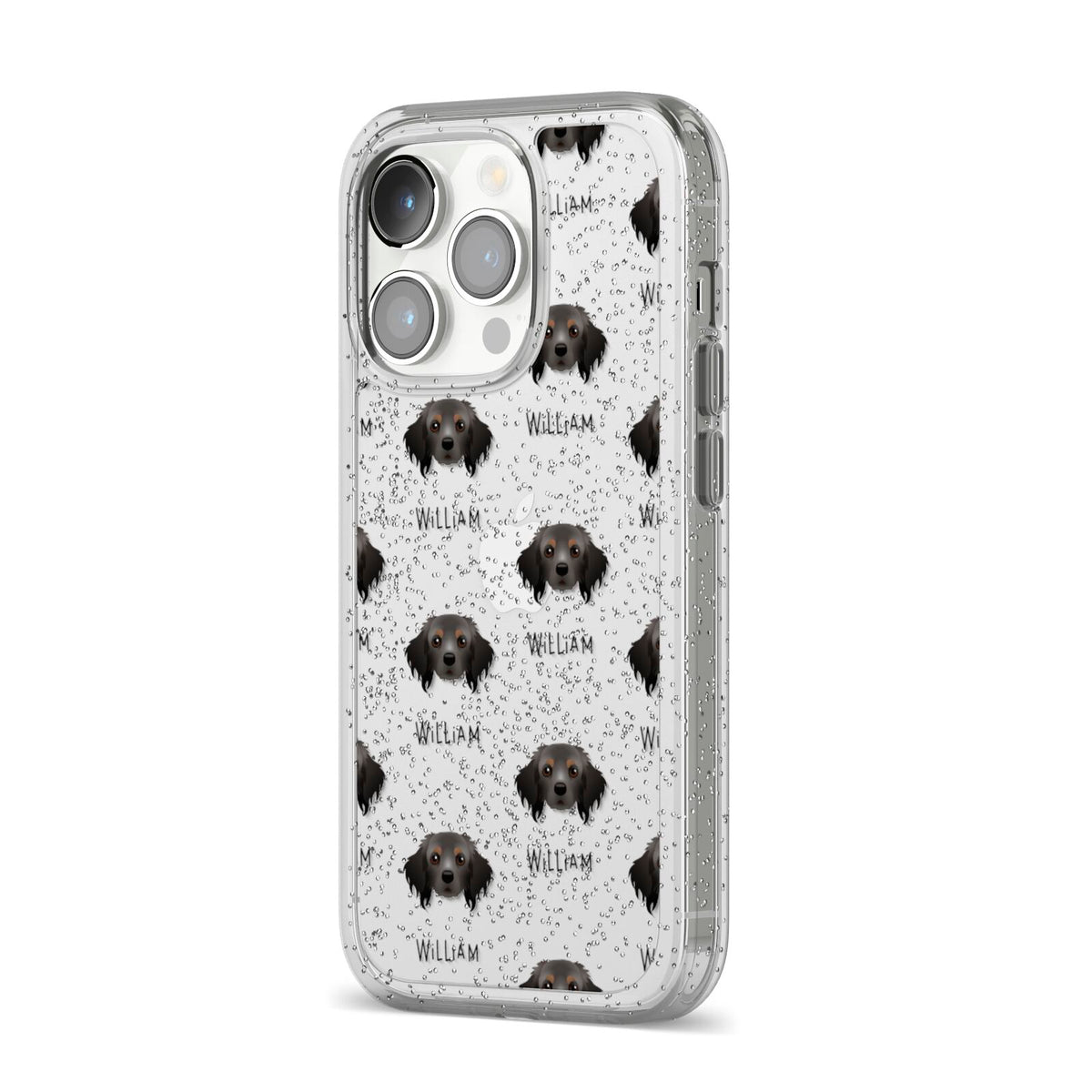 Cavapom Icon with Name iPhone 14 Pro Glitter Tough Case Silver Angled Image