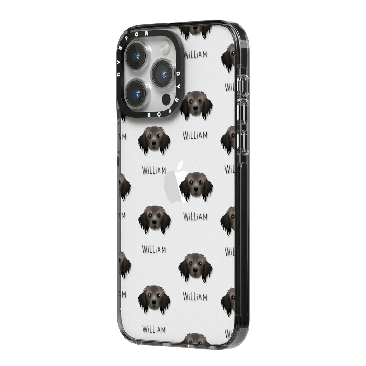 Cavapom Icon with Name iPhone 14 Pro Max Black Impact Case Side Angle on Silver phone