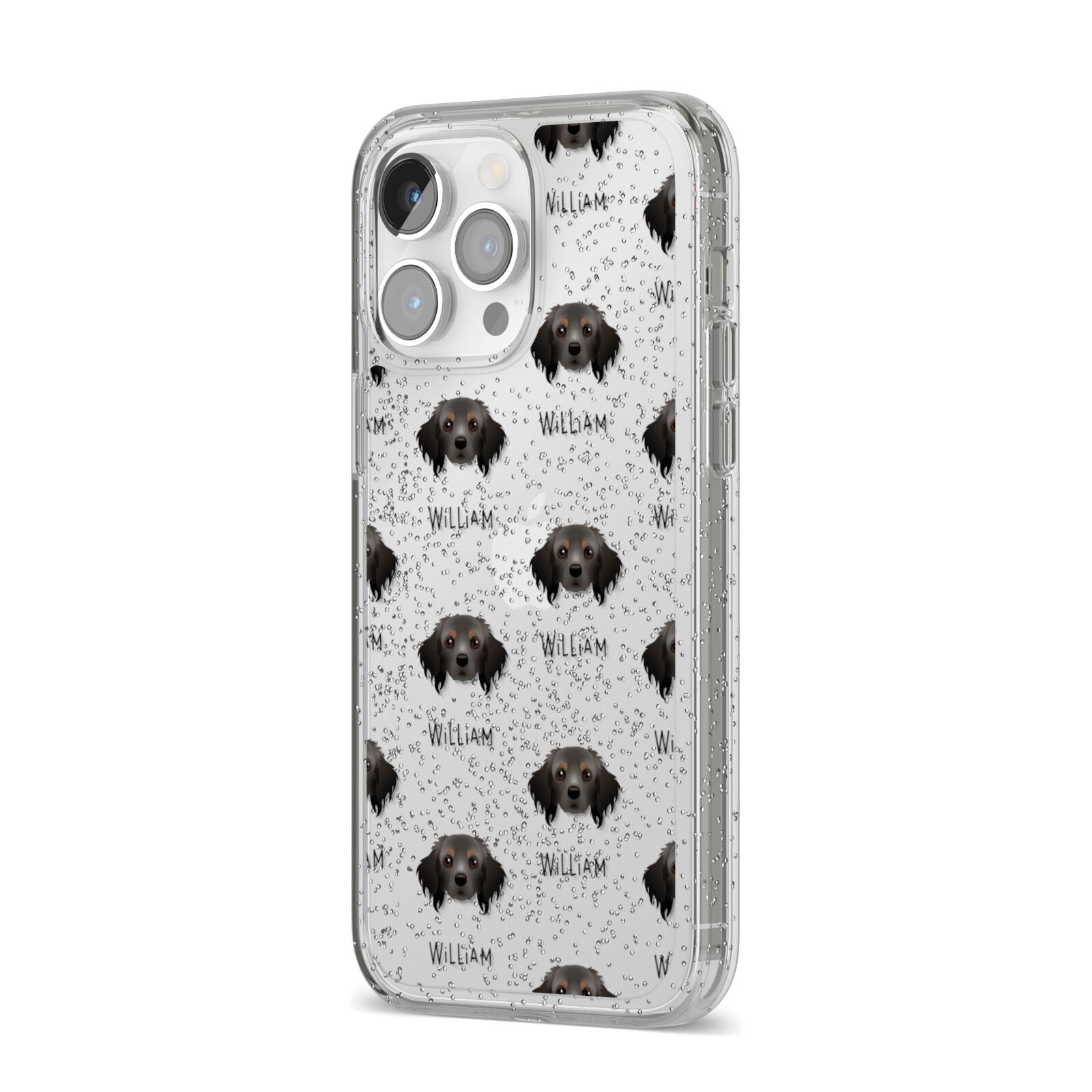 Cavapom Icon with Name iPhone 14 Pro Max Glitter Tough Case Silver Angled Image