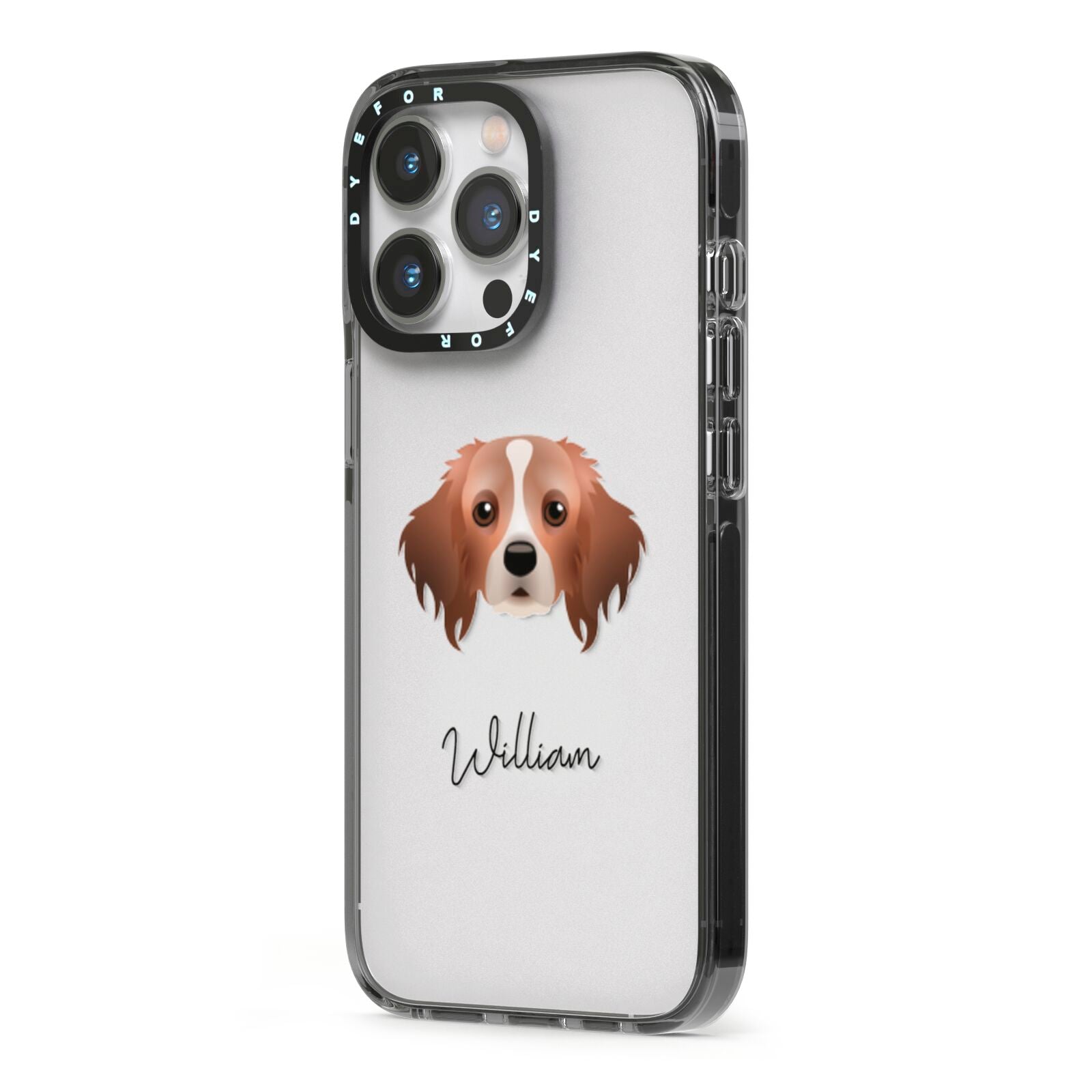 Cavapom Personalised iPhone 13 Pro Black Impact Case Side Angle on Silver phone