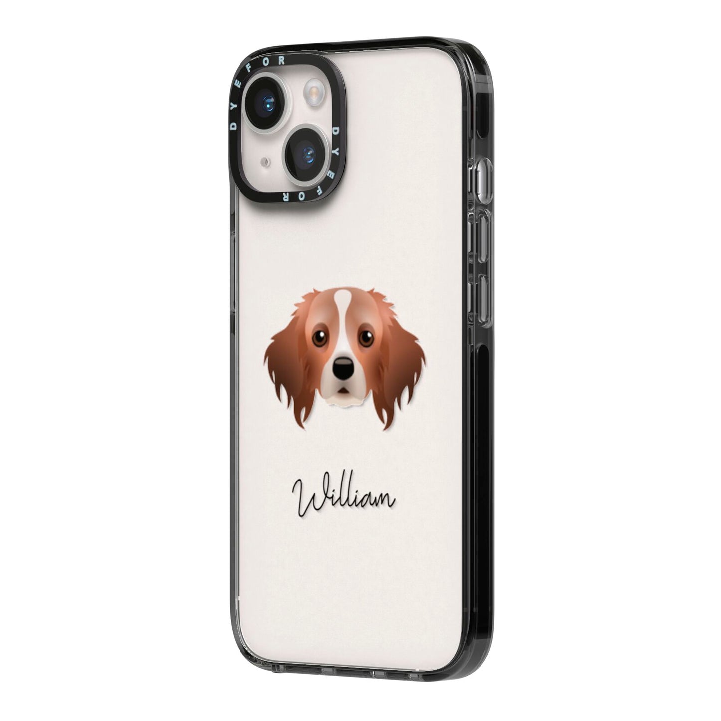Cavapom Personalised iPhone 14 Black Impact Case Side Angle on Silver phone