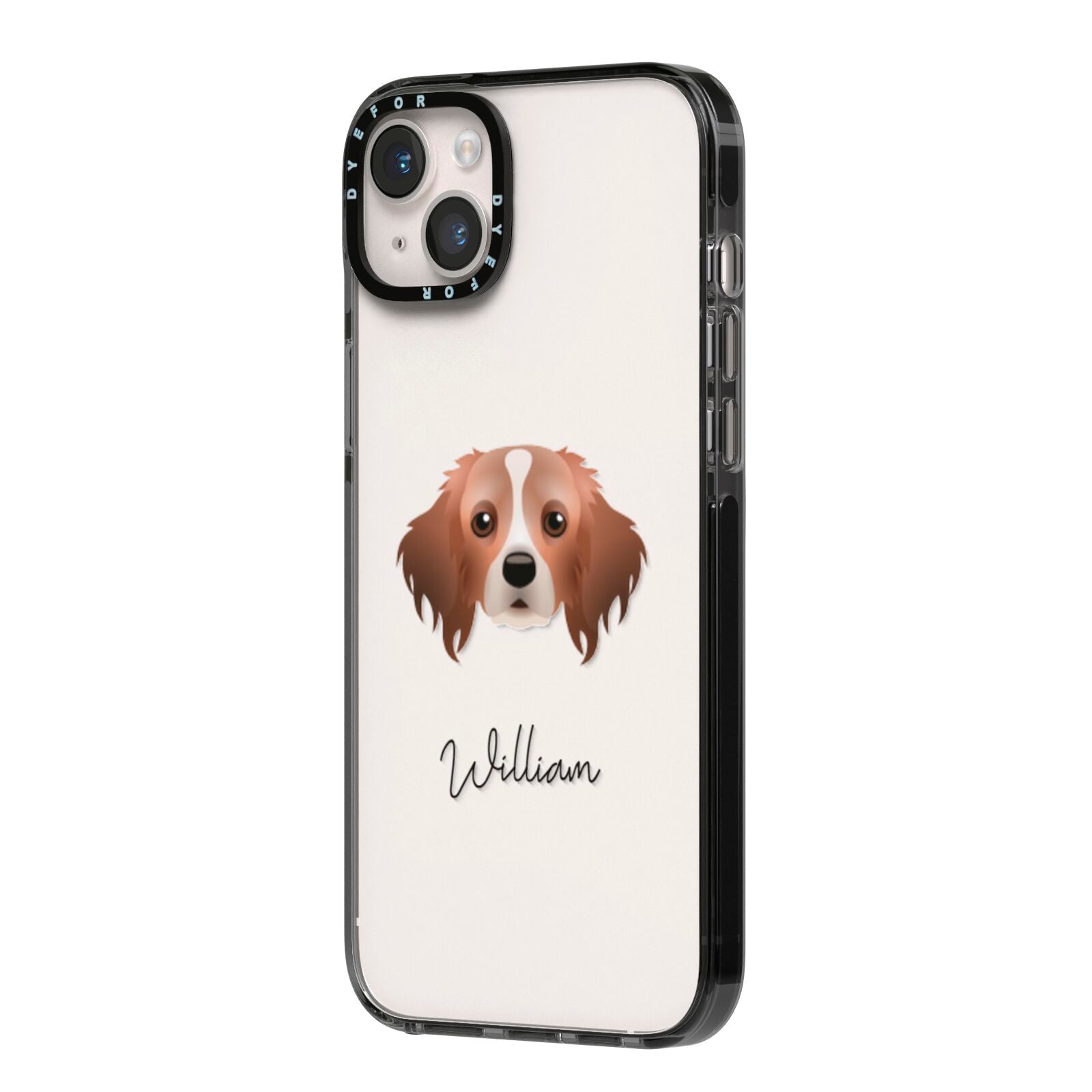 Cavapom Personalised iPhone 14 Plus Black Impact Case Side Angle on Silver phone