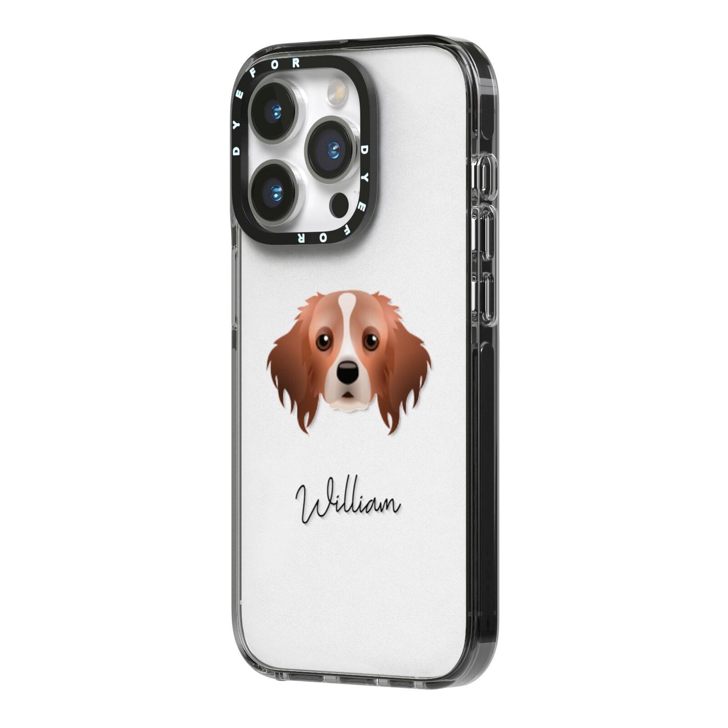 Cavapom Personalised iPhone 14 Pro Black Impact Case Side Angle on Silver phone