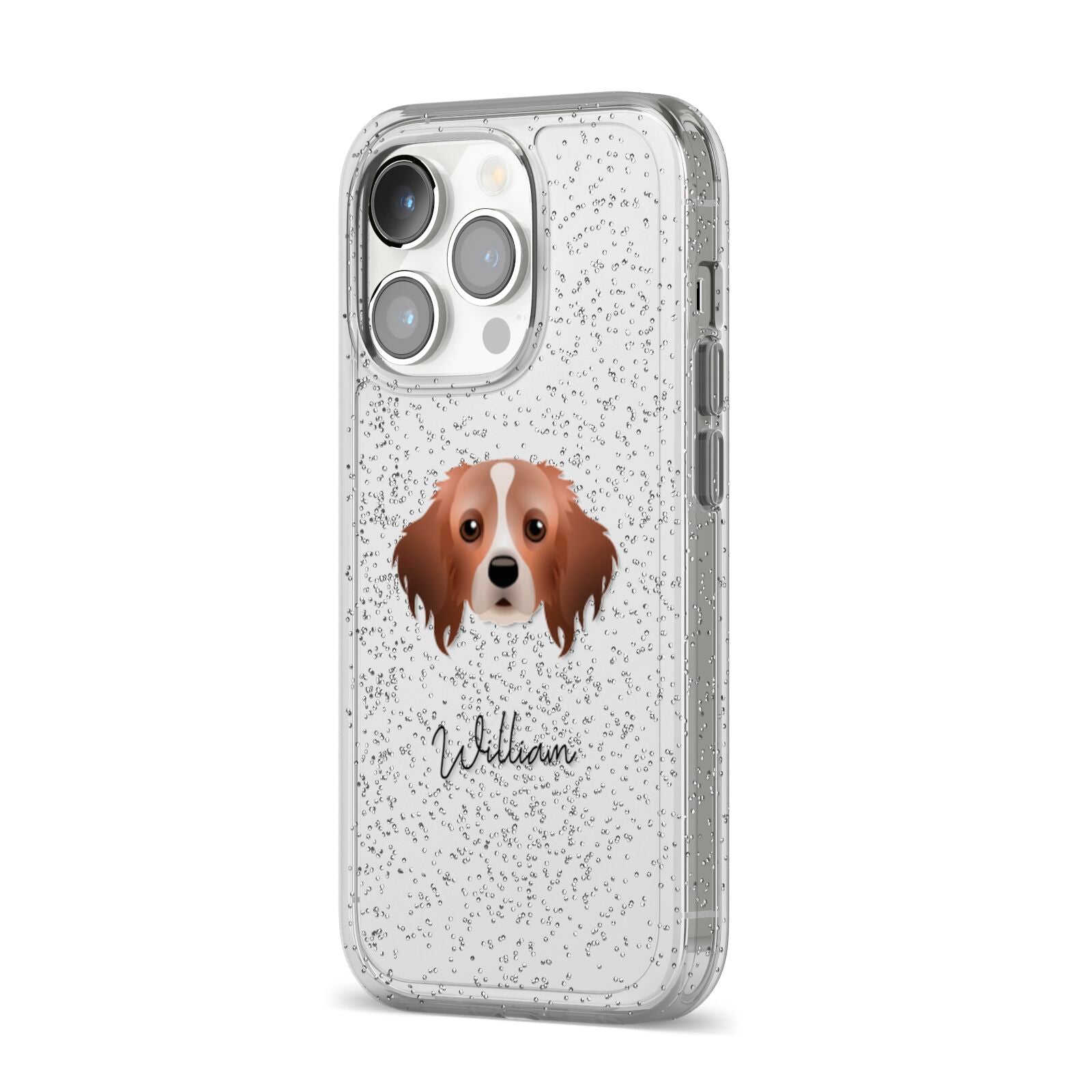 Cavapom Personalised iPhone 14 Pro Glitter Tough Case Silver Angled Image