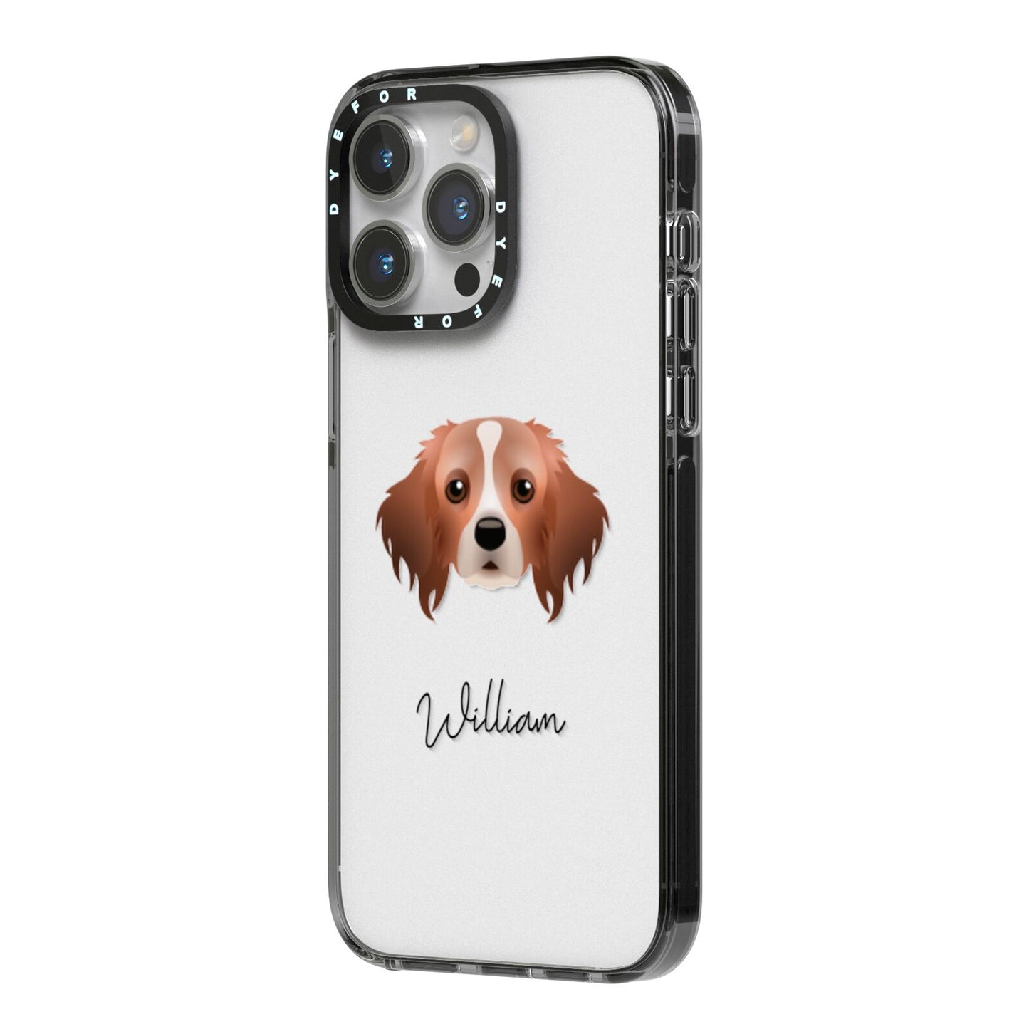 Cavapom Personalised iPhone 14 Pro Max Black Impact Case Side Angle on Silver phone