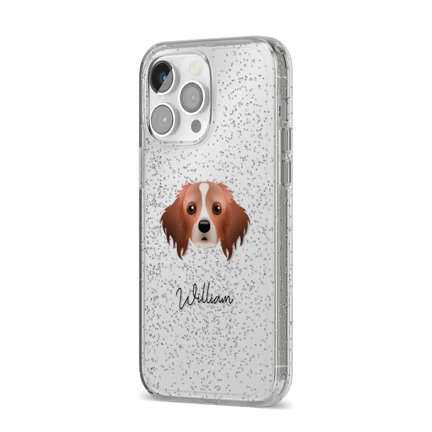 Cavapom Personalised iPhone 14 Pro Max Glitter Tough Case Silver Angled Image