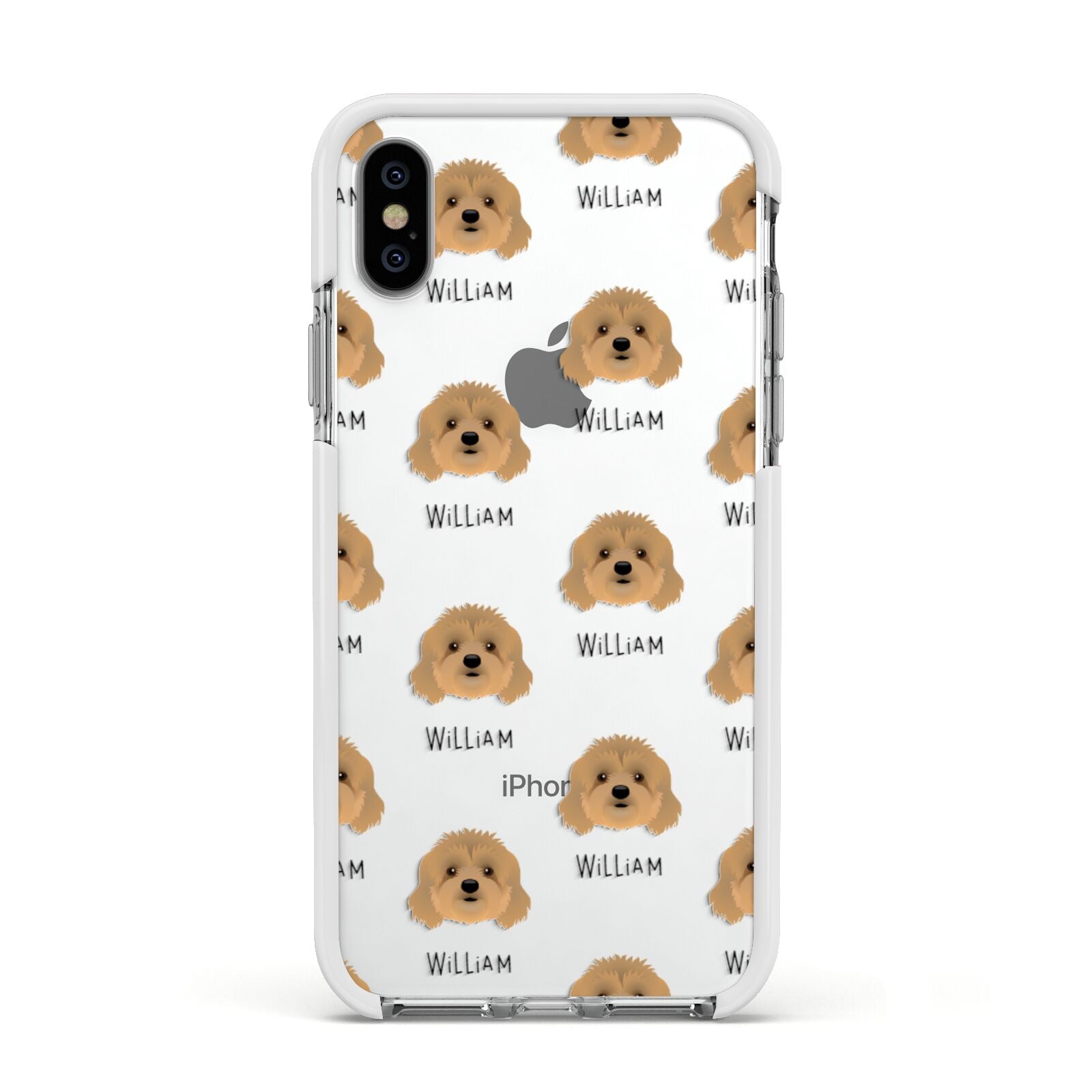 Cavapoo Icon with Name Apple iPhone Xs Impact Case White Edge on Silver Phone
