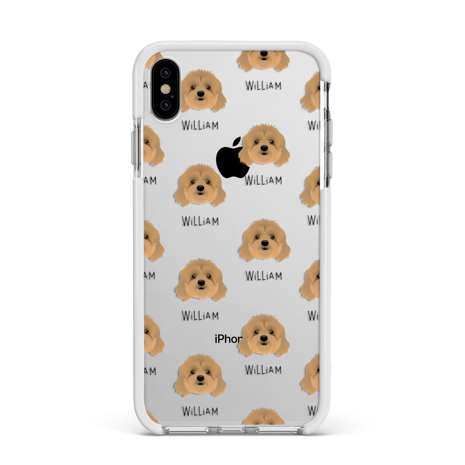 Cavapoo Icon with Name Apple iPhone Xs Max Impact Case White Edge on Silver Phone