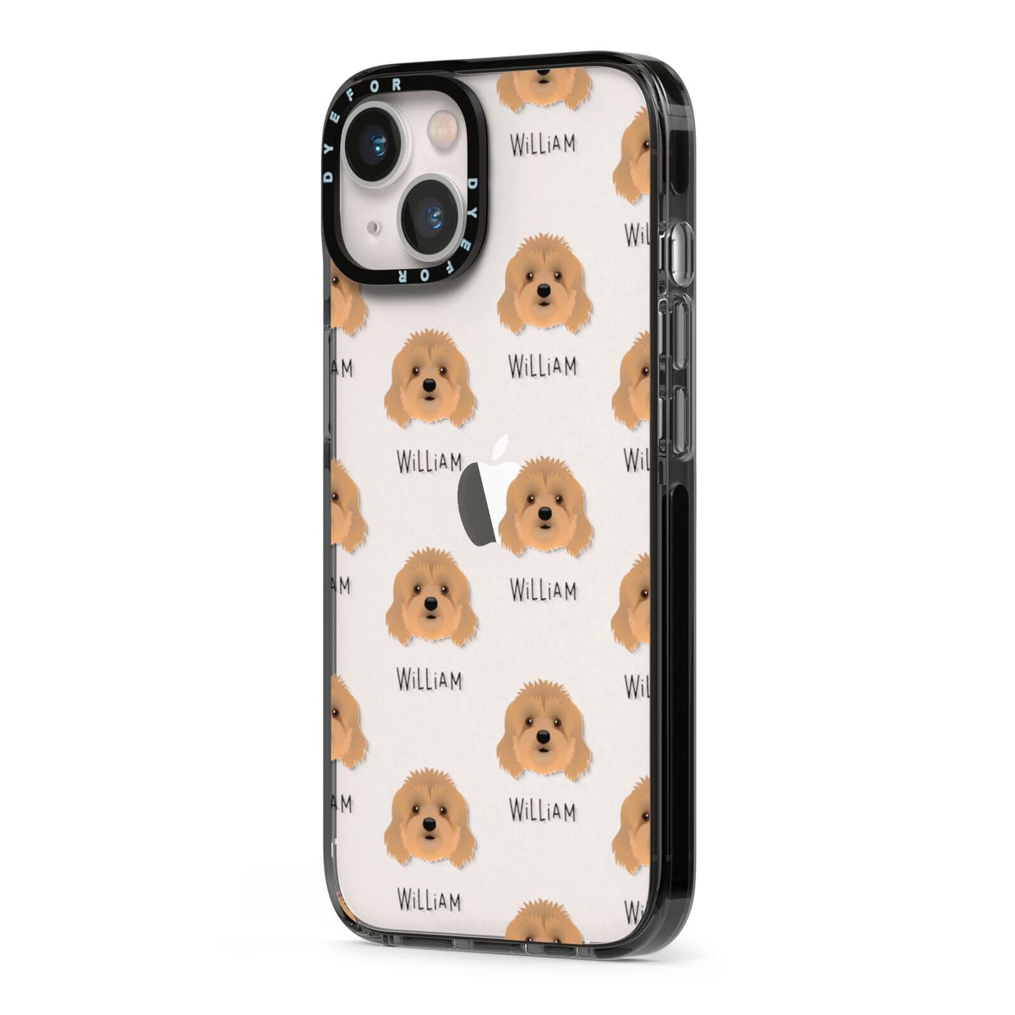 Cavapoo Icon with Name iPhone 13 Black Impact Case Side Angle on Silver phone