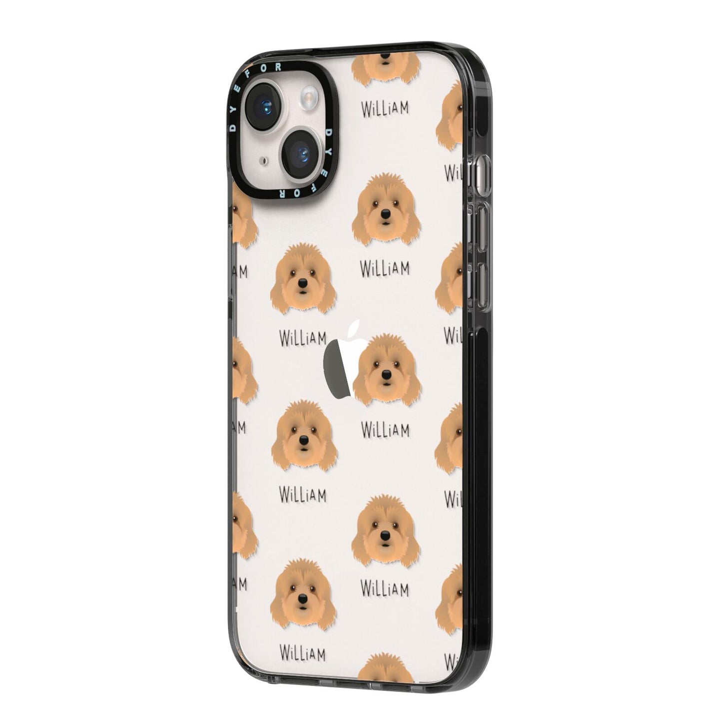 Cavapoo Icon with Name iPhone 14 Plus Black Impact Case Side Angle on Silver phone