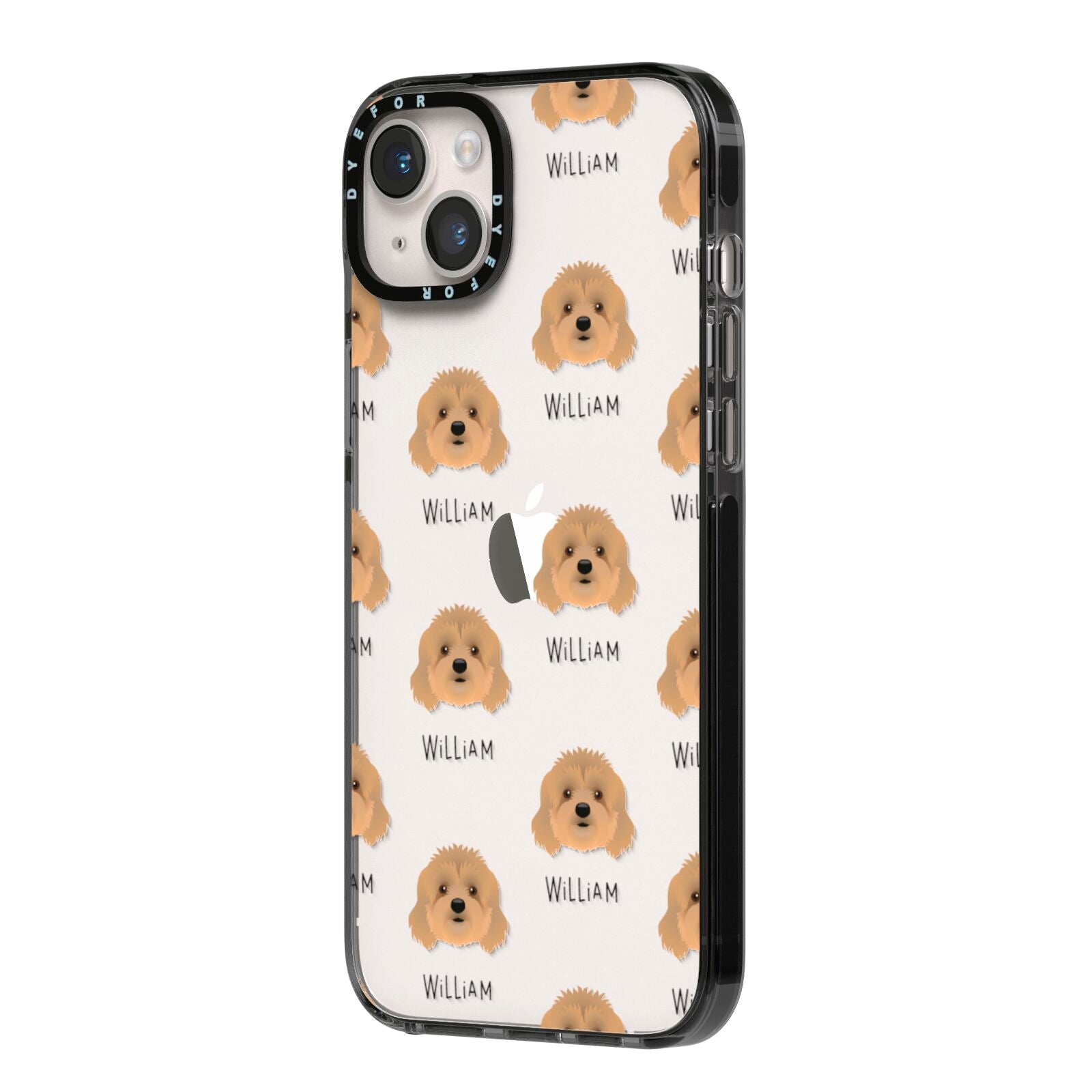 Cavapoo Icon with Name iPhone 14 Plus Black Impact Case Side Angle on Silver phone