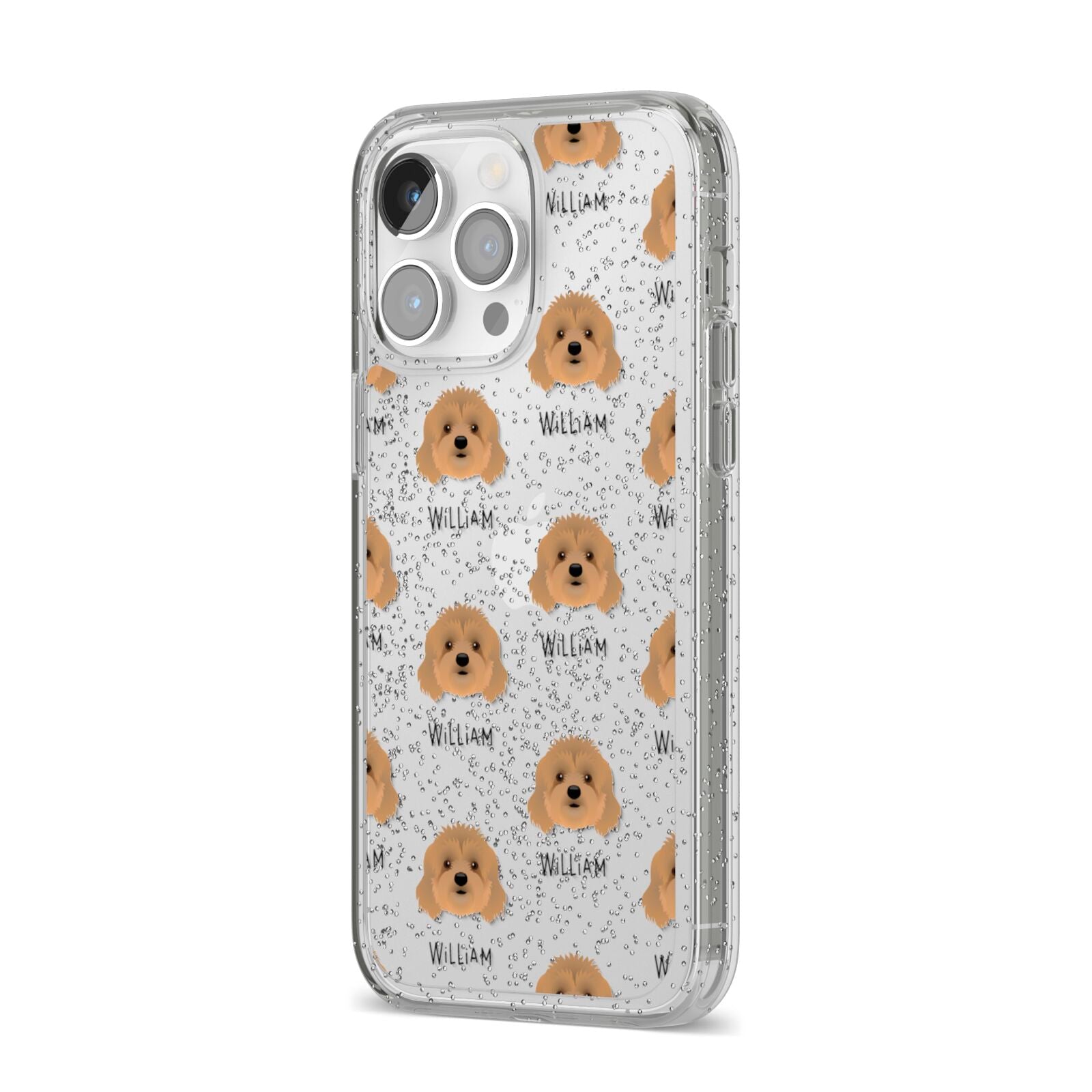 Cavapoo Icon with Name iPhone 14 Pro Max Glitter Tough Case Silver Angled Image