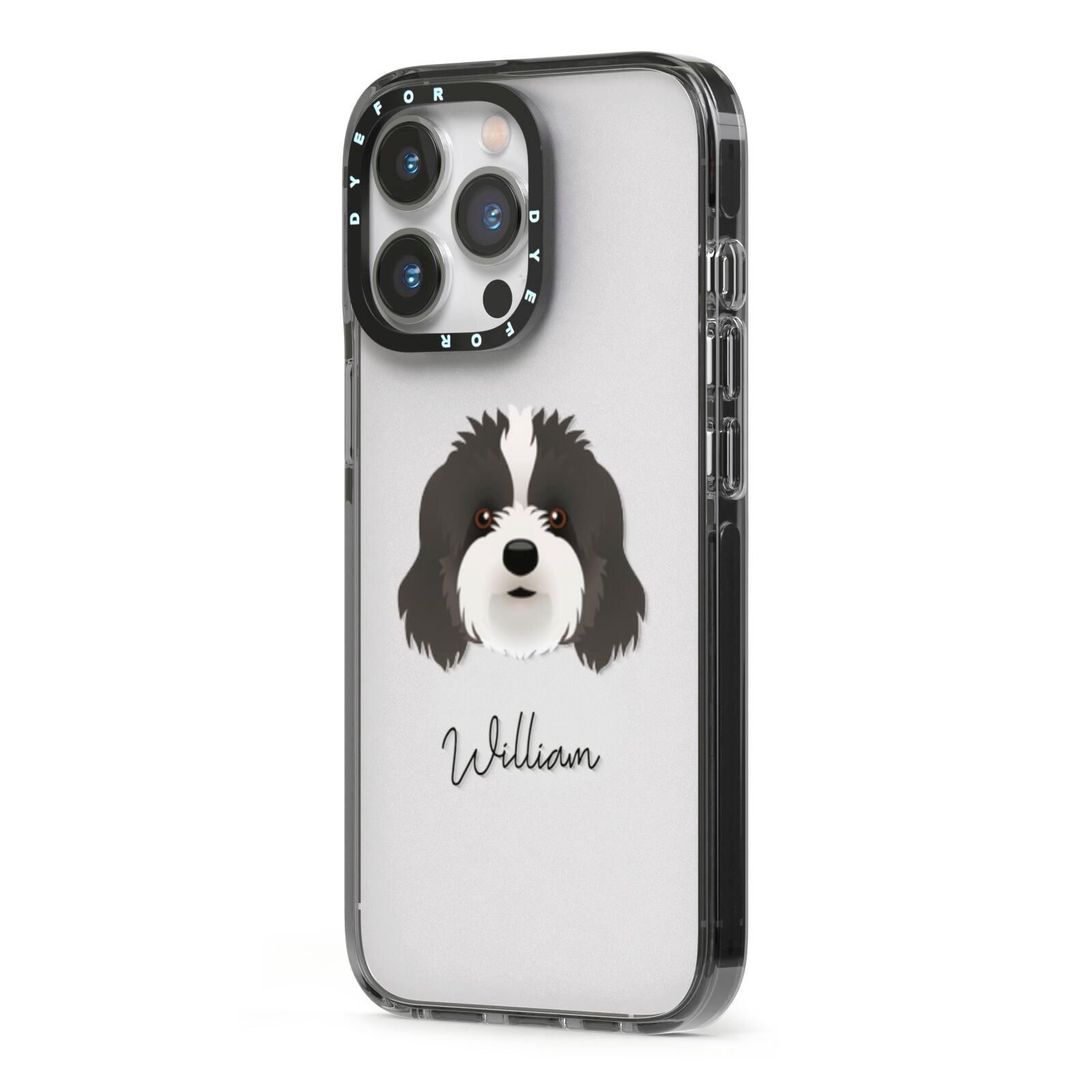 Cavapoo Personalised iPhone 13 Pro Black Impact Case Side Angle on Silver phone