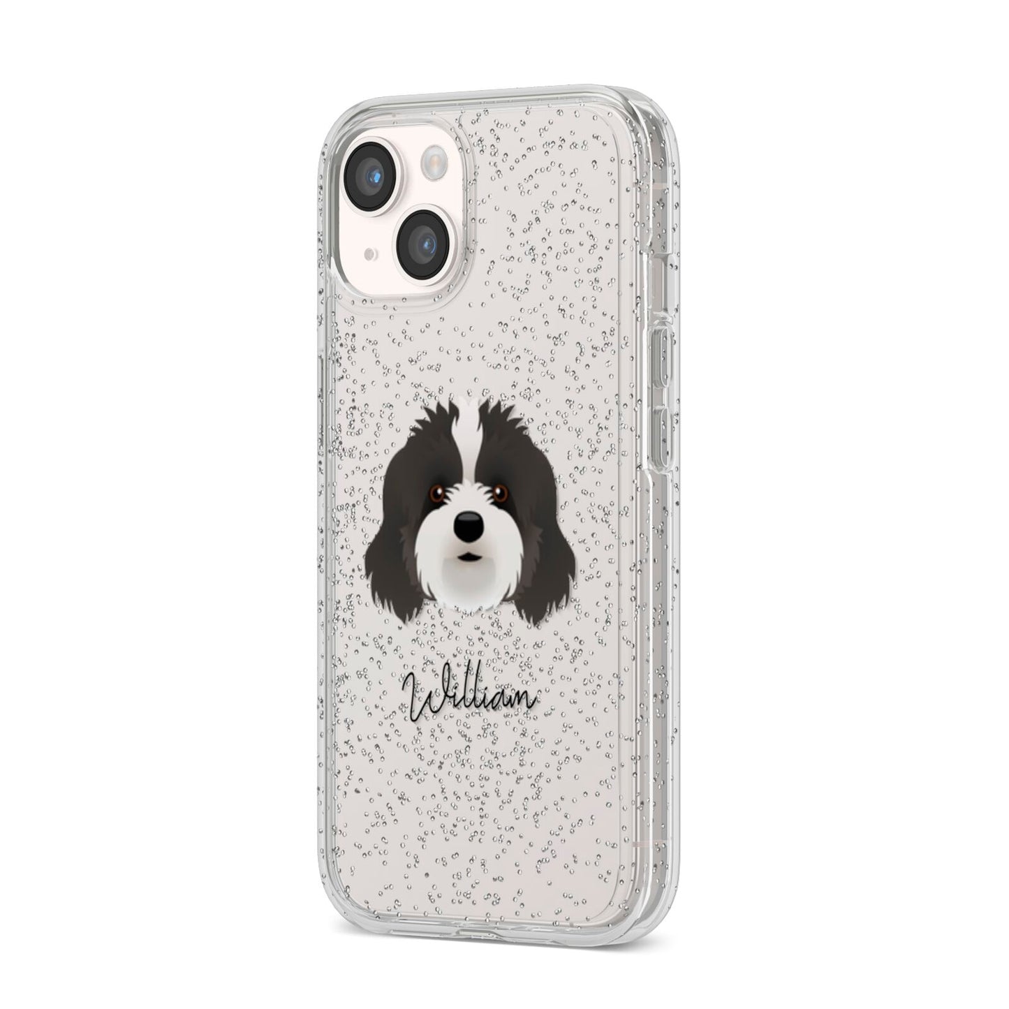 Cavapoo Personalised iPhone 14 Glitter Tough Case Starlight Angled Image