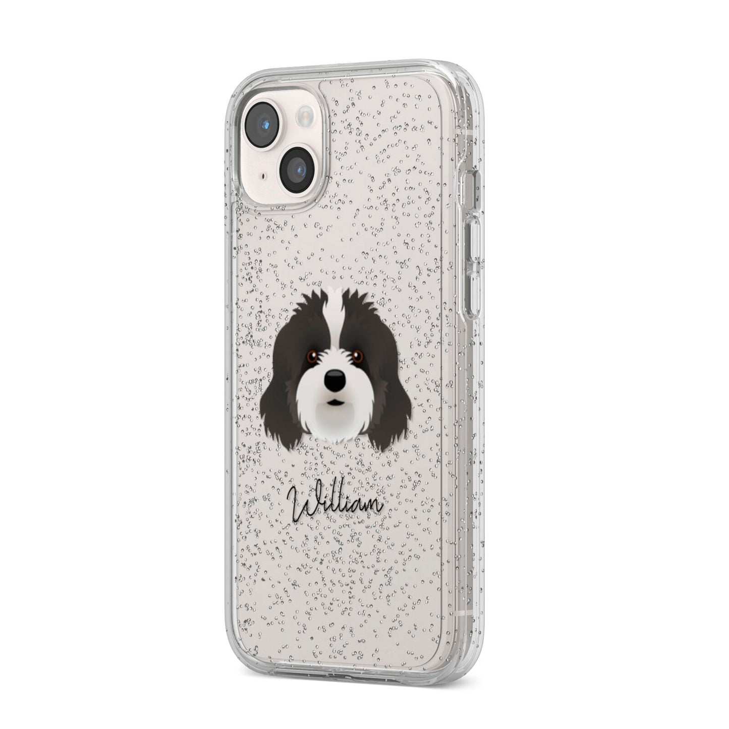 Cavapoo Personalised iPhone 14 Plus Glitter Tough Case Starlight Angled Image