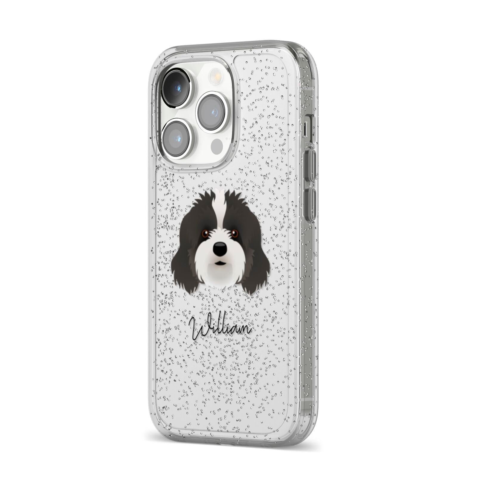 Cavapoo Personalised iPhone 14 Pro Glitter Tough Case Silver Angled Image