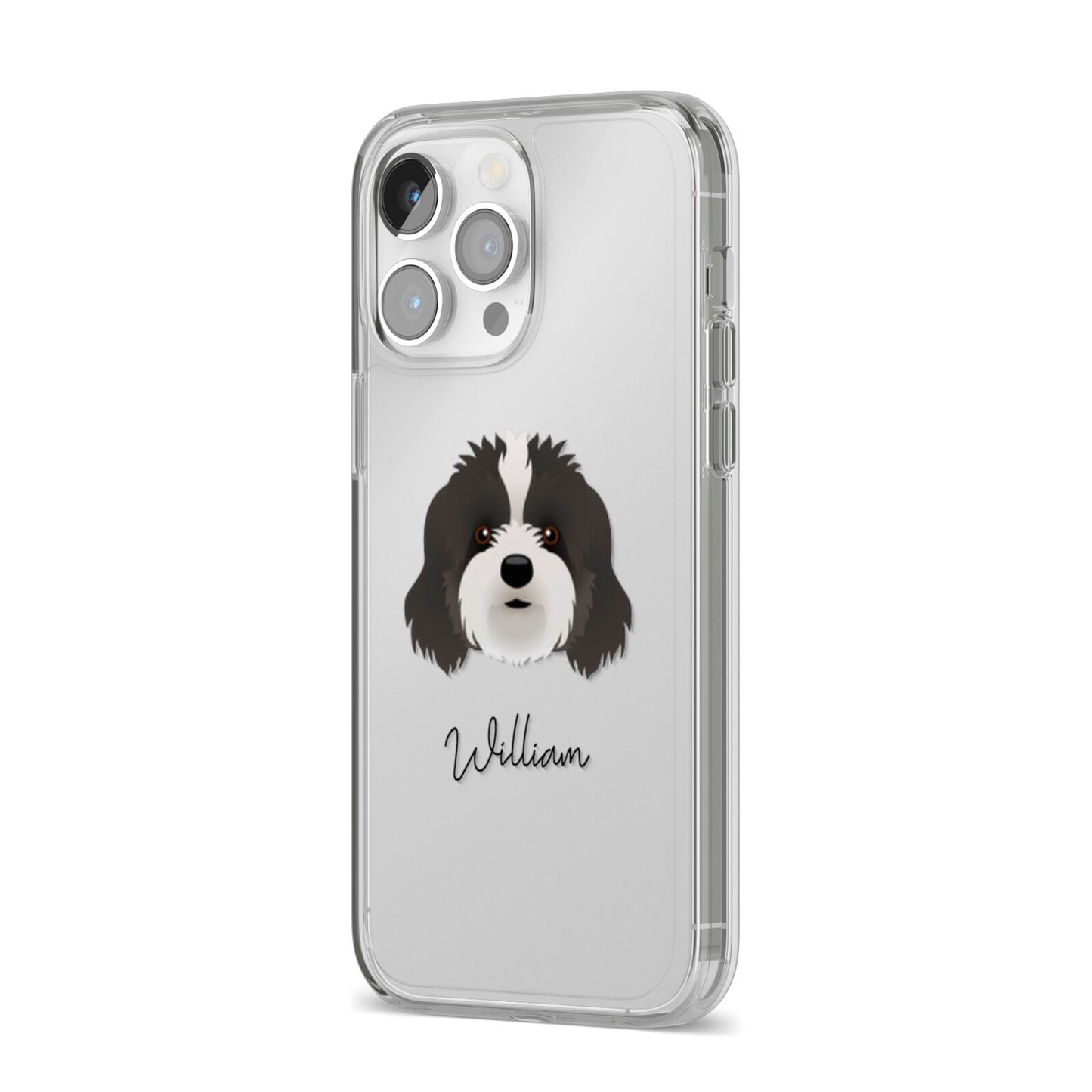 Cavapoo Personalised iPhone 14 Pro Max Clear Tough Case Silver Angled Image