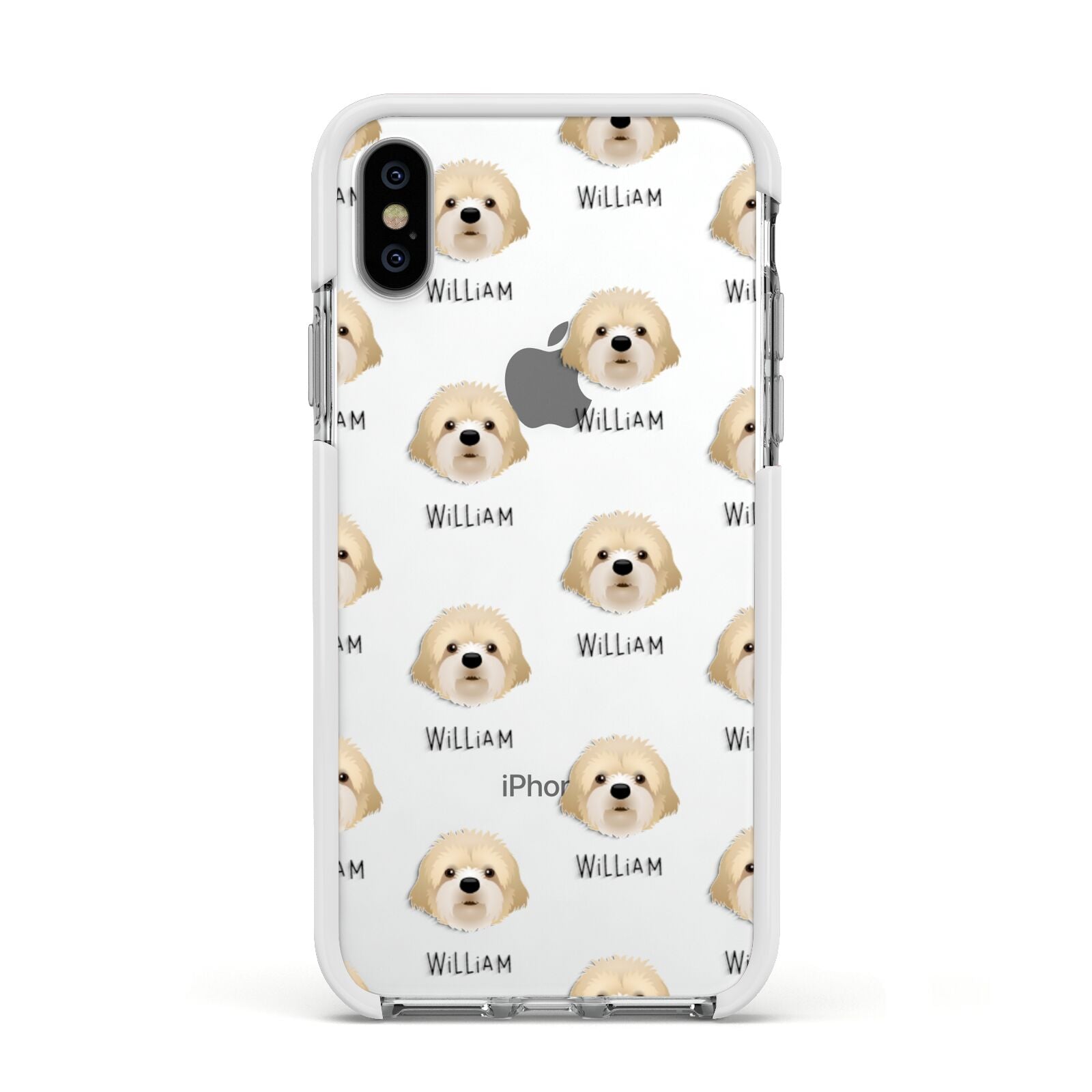 Cavapoochon Icon with Name Apple iPhone Xs Impact Case White Edge on Silver Phone