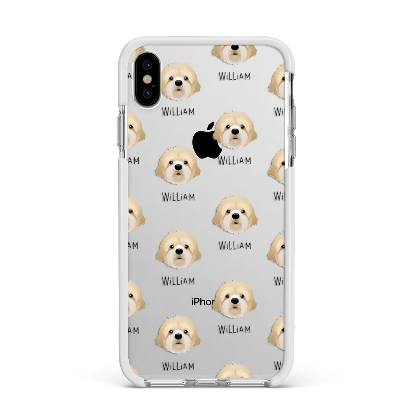 Cavapoochon Icon with Name Apple iPhone Xs Max Impact Case White Edge on Silver Phone