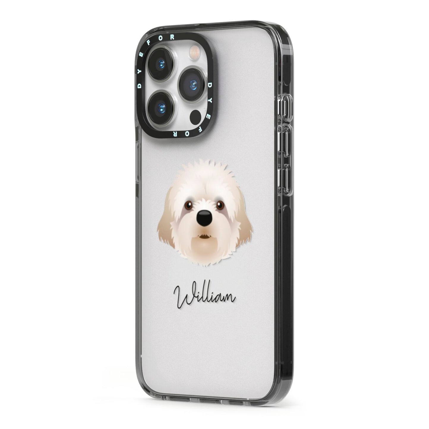Cavapoochon Personalised iPhone 13 Pro Black Impact Case Side Angle on Silver phone