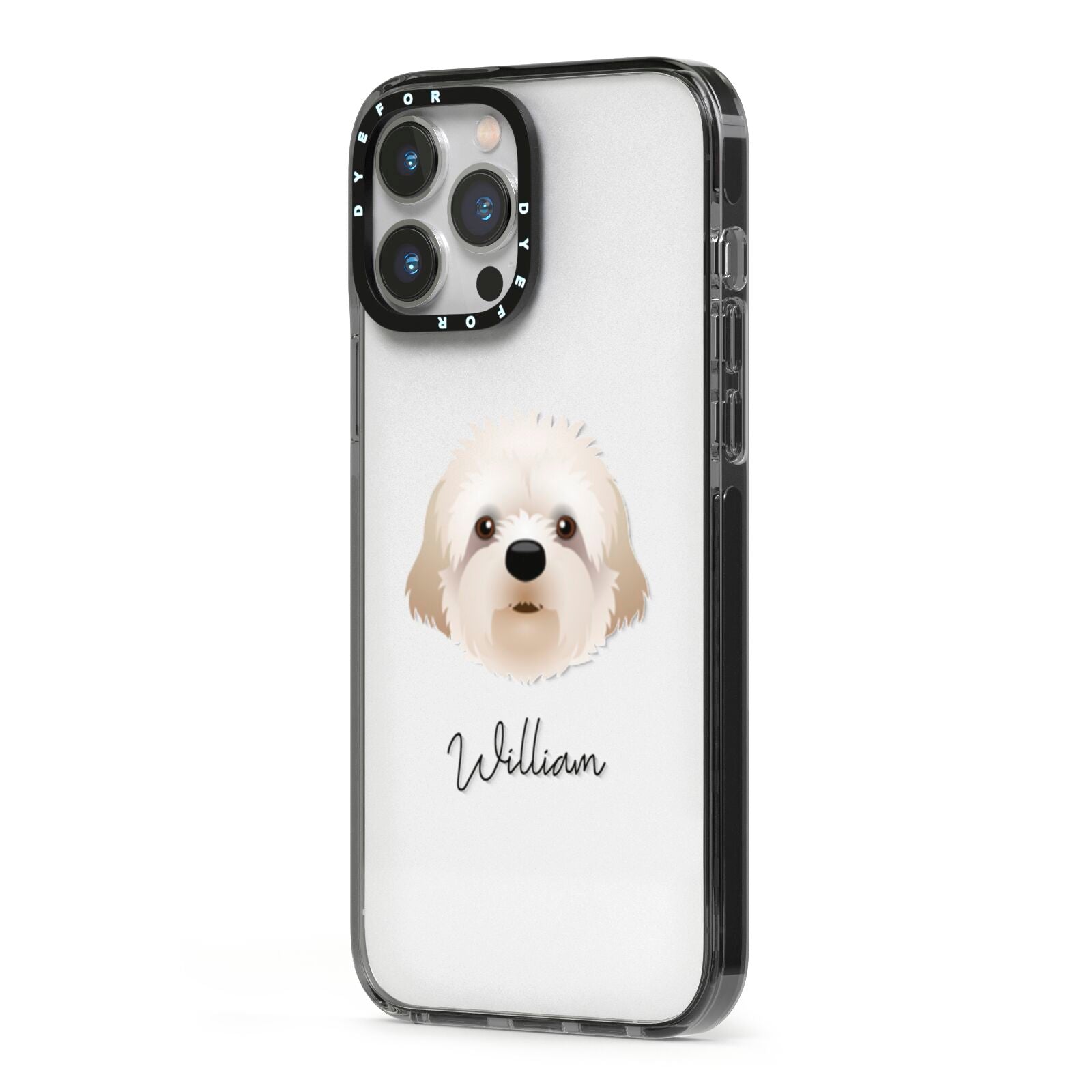 Cavapoochon Personalised iPhone 13 Pro Max Black Impact Case Side Angle on Silver phone
