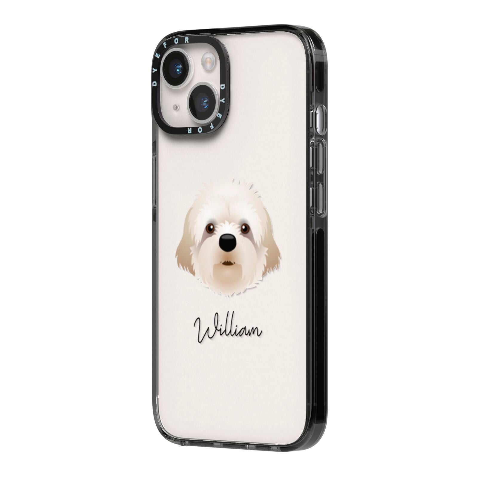 Cavapoochon Personalised iPhone 14 Black Impact Case Side Angle on Silver phone