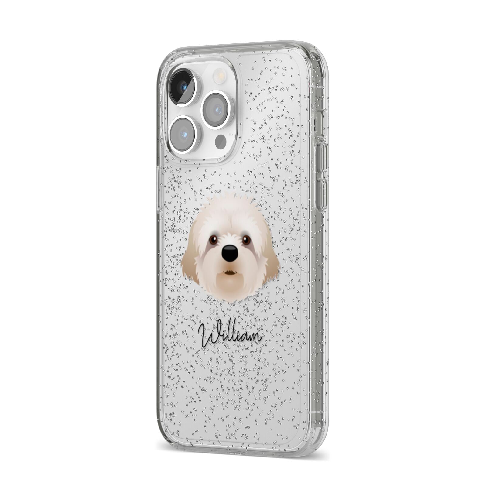 Cavapoochon Personalised iPhone 14 Pro Max Glitter Tough Case Silver Angled Image
