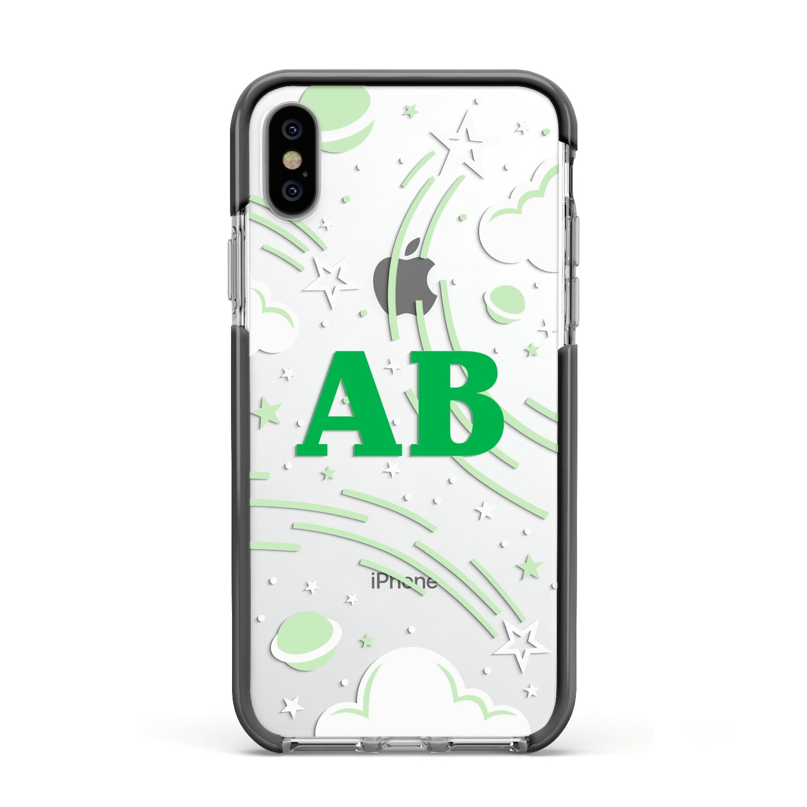 Celestial Apple iPhone Xs Impact Case Black Edge on Silver Phone